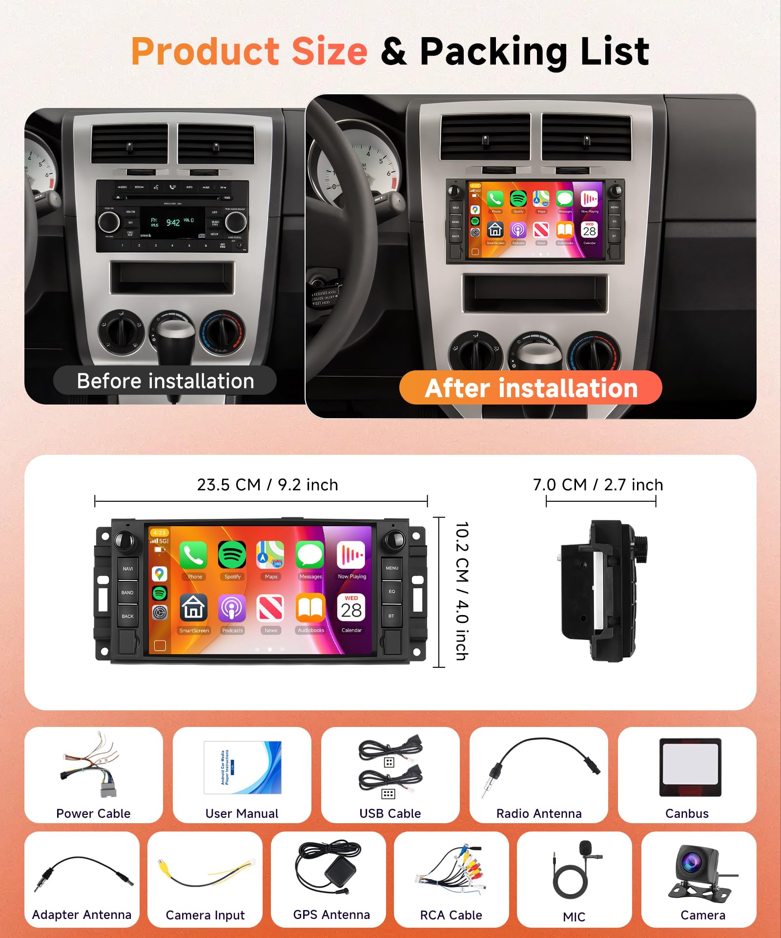 6G+128G 8 Core Wireless Carplay Android Autoradio per Jeep Wrangler Compass Grand Cherokee/Chrysler 300C/Dodge Ram/Chevrolet 7 Pollici Autoradio Android Auto GPS Navi WiFi Bluetooth FM/RDS/DSP/USB/SWC