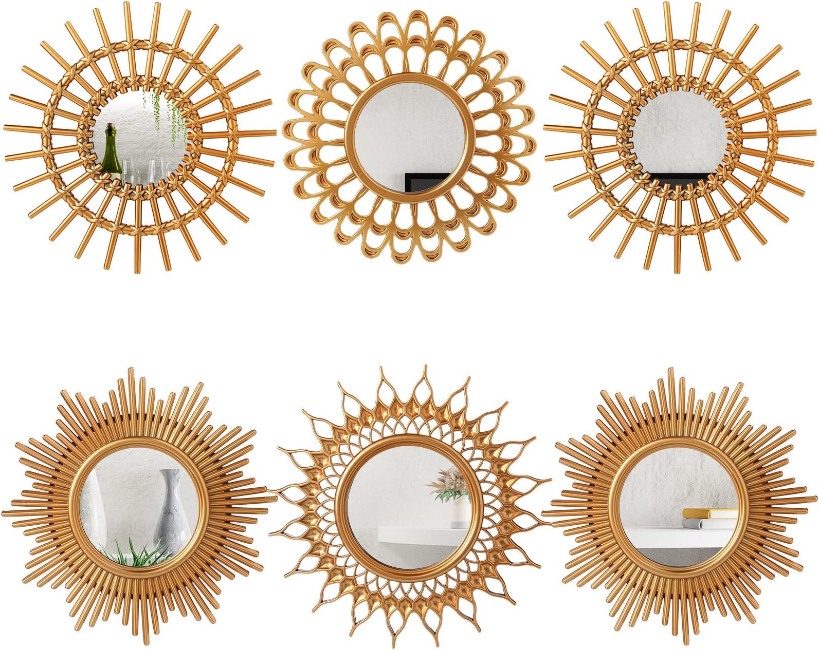 Namalu 6 Pcs Mirrors for Wall Decor, Small Circle Sun Mirrors Espejos Decorative Wall Art Entryway Mirror Hanging Circle Mirror for Wall Home Decor Bathroom Bedroom Living Room (Gold,Classic)
