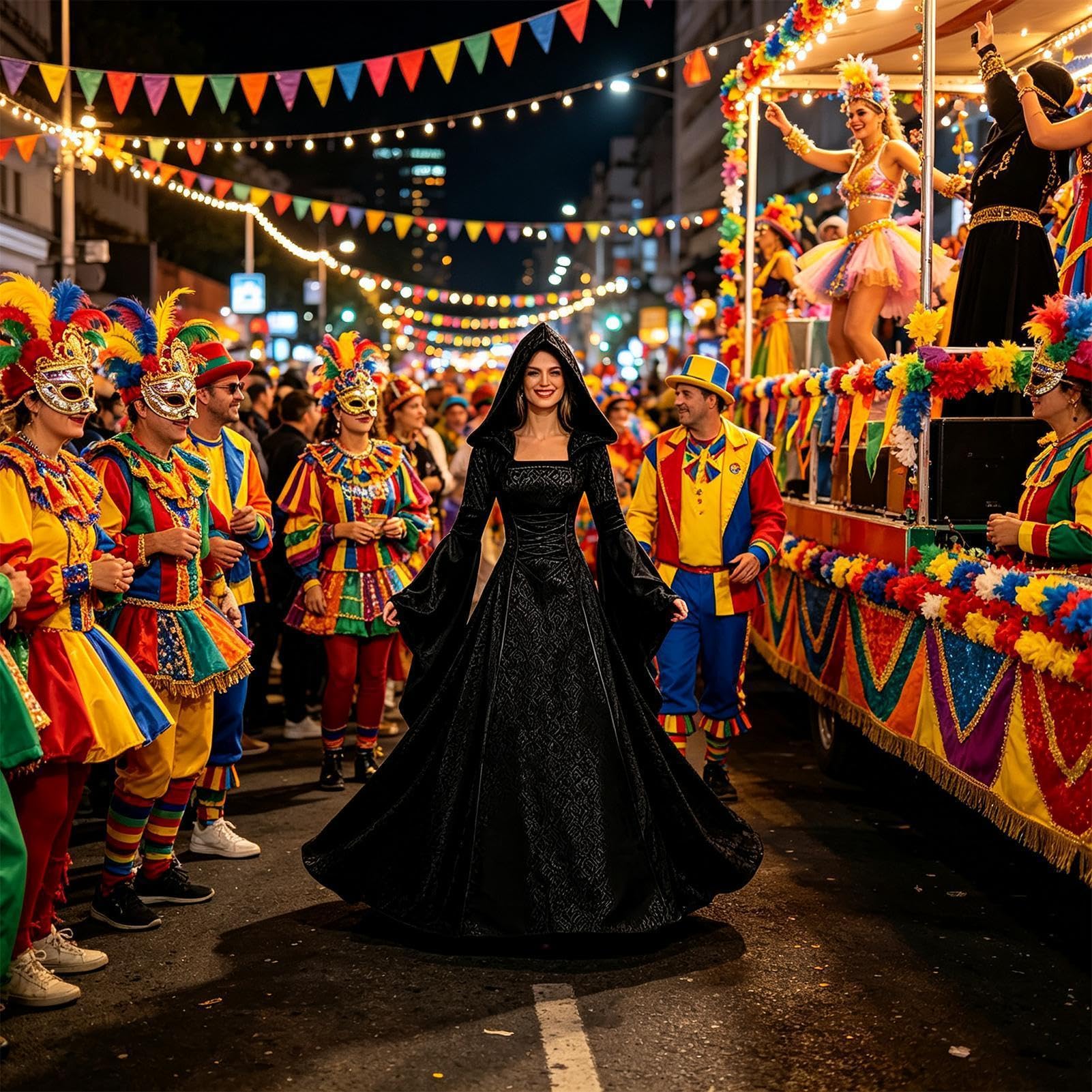 Vestito medievale da donna, costume da strega rinascimentale, con cappuccio