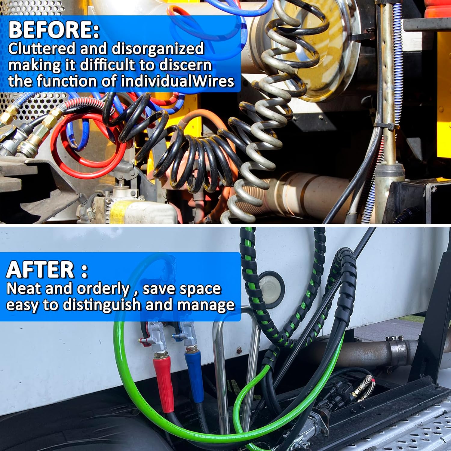 15ft 3 in 1 ABS & Power Air Line Hose Wrap 7 Way Electrical Cable with Handle Grip for Semi Truck Trailer Tractor