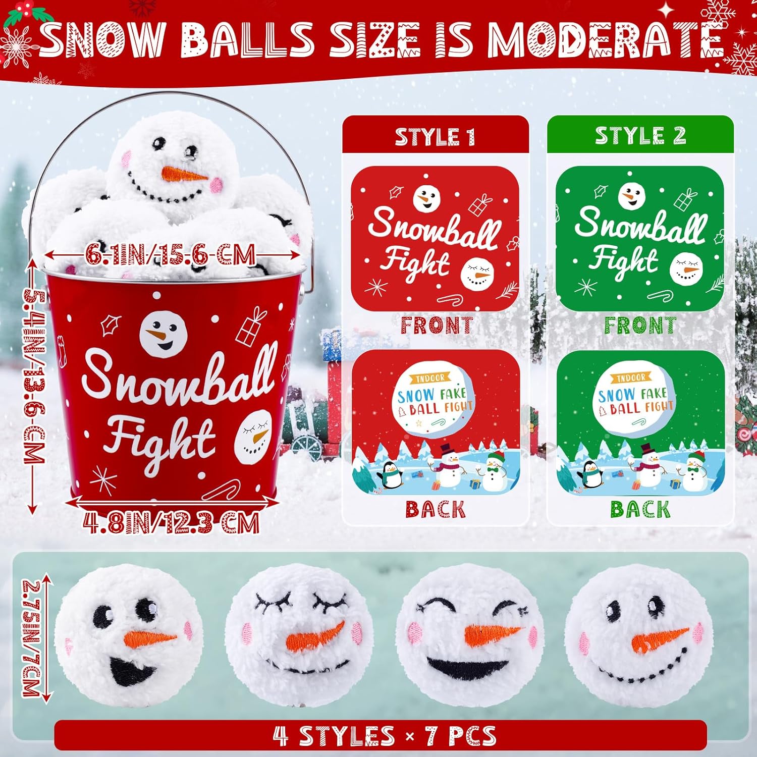 Snowball Fight Metal Bucket, 2.8 Inch Christmas Snowball Fun Set Artificial Smile Plush Fake Snowball, Indoor Snow Fight Ball Set for Winter Adults Indoor Outdoor Party (Red+Green)
