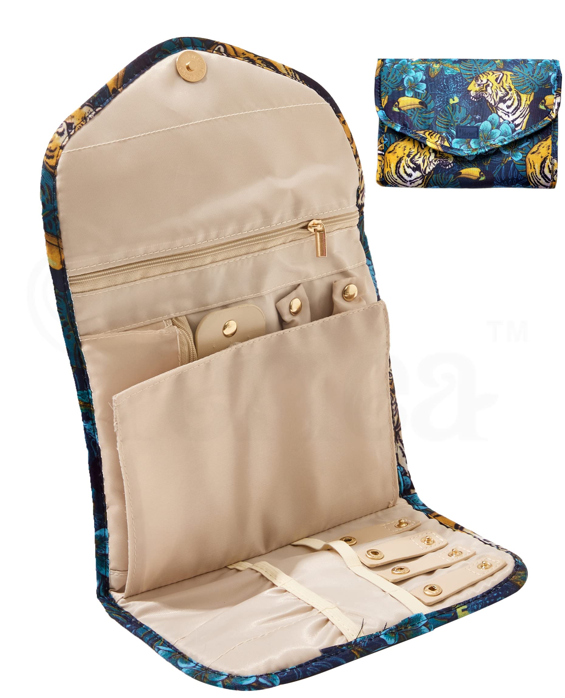 Periea Tiger Toucan ‘Cleo’ Travel Jewellery Organiser Roll Foldable Jewelry Case For Journey - Rings, Necklaces, Bracelets, Earrings (, Medium)