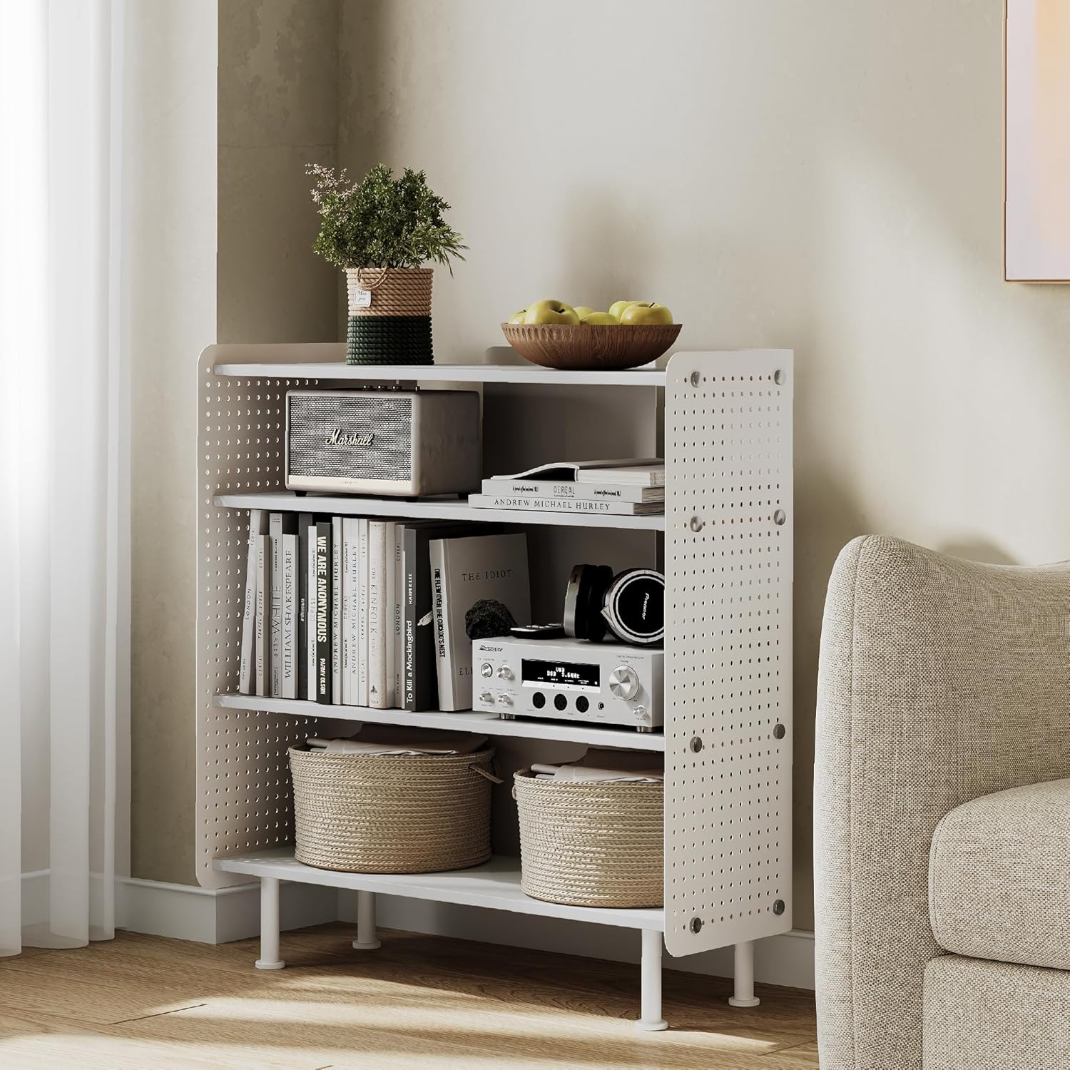 Fenge 4 Tier Bookshelf, Modern Open Bookcase with Pegboard, 32.1 Inches Small Book Shelf Storage Organizer with Adjustable Shelves for Living Room, Bedroom, Home Office