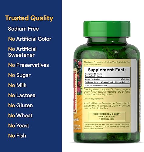 Miniatura 5 de Puritan's Pride Triple Strength Acai 150 mg (equivalente a 3000 mg) con propiedades antioxidantes y flavonoides, suministro para 2 meses, 120
