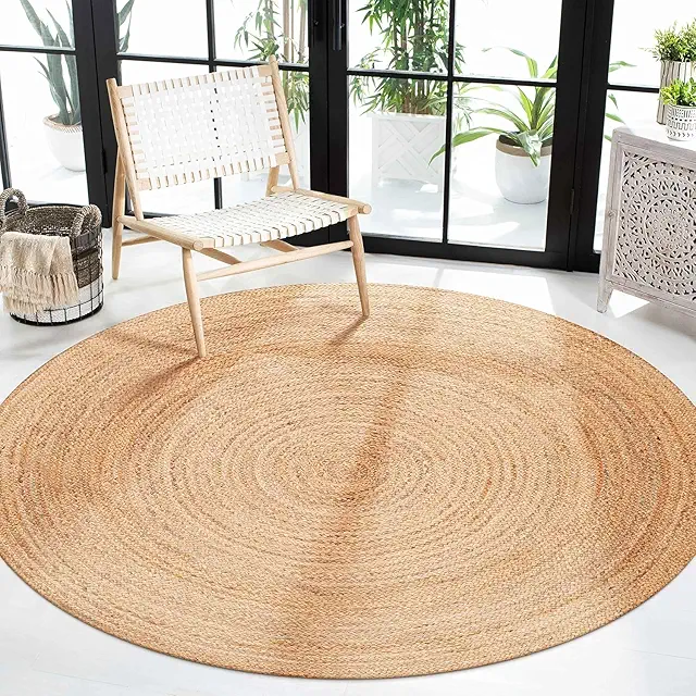 Hand Woven Round Jute Rug - 150x150 cm Boho Carpet for Living Room