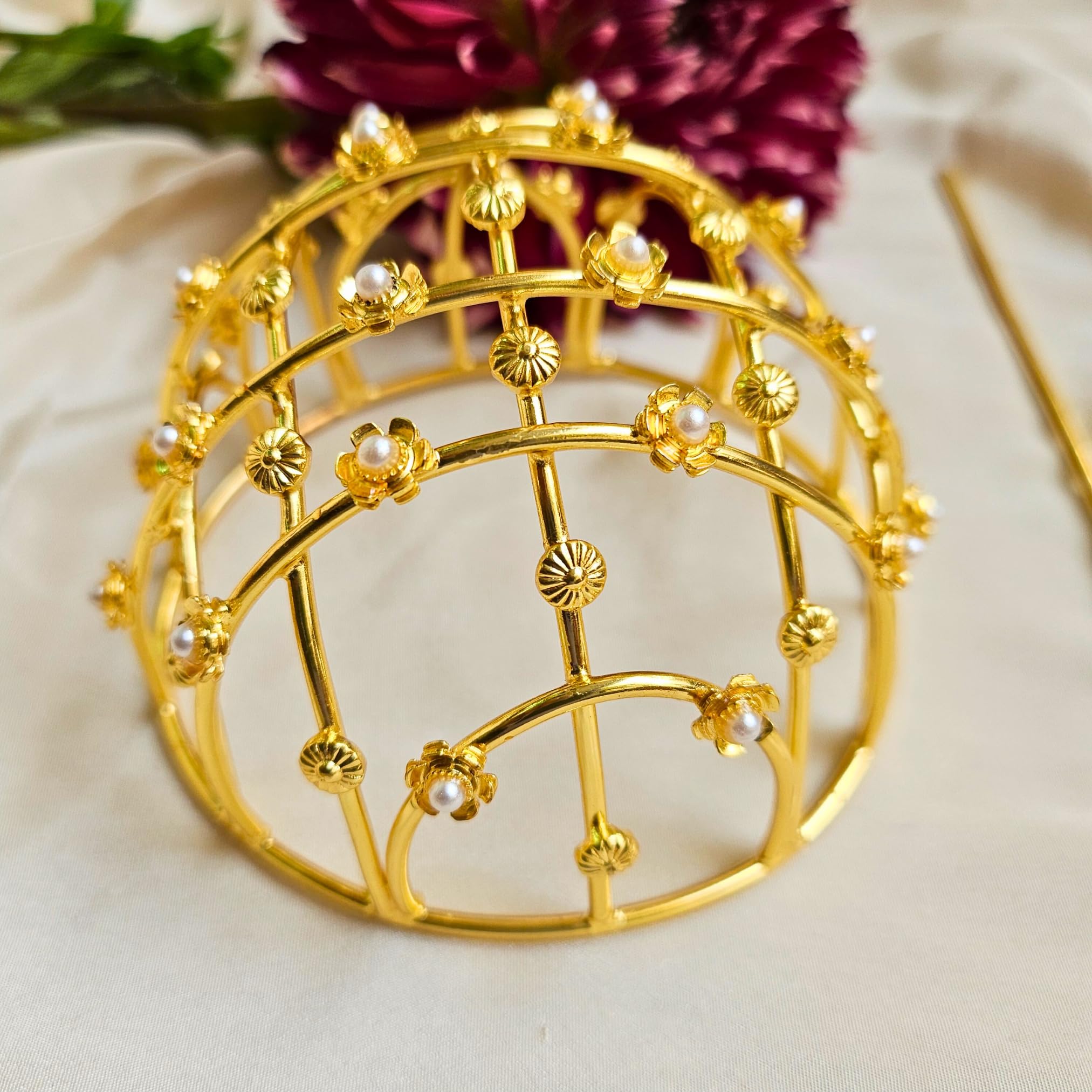 VIANA JEWELS Hair Bun Cage Accessory for Women | Handcrafted Brass Juda Cover with Stick | Anti-Tarnish Traditional Hair Accessory for Wedding & Festive (Pear Flower Hair Bun (Golden)) 4