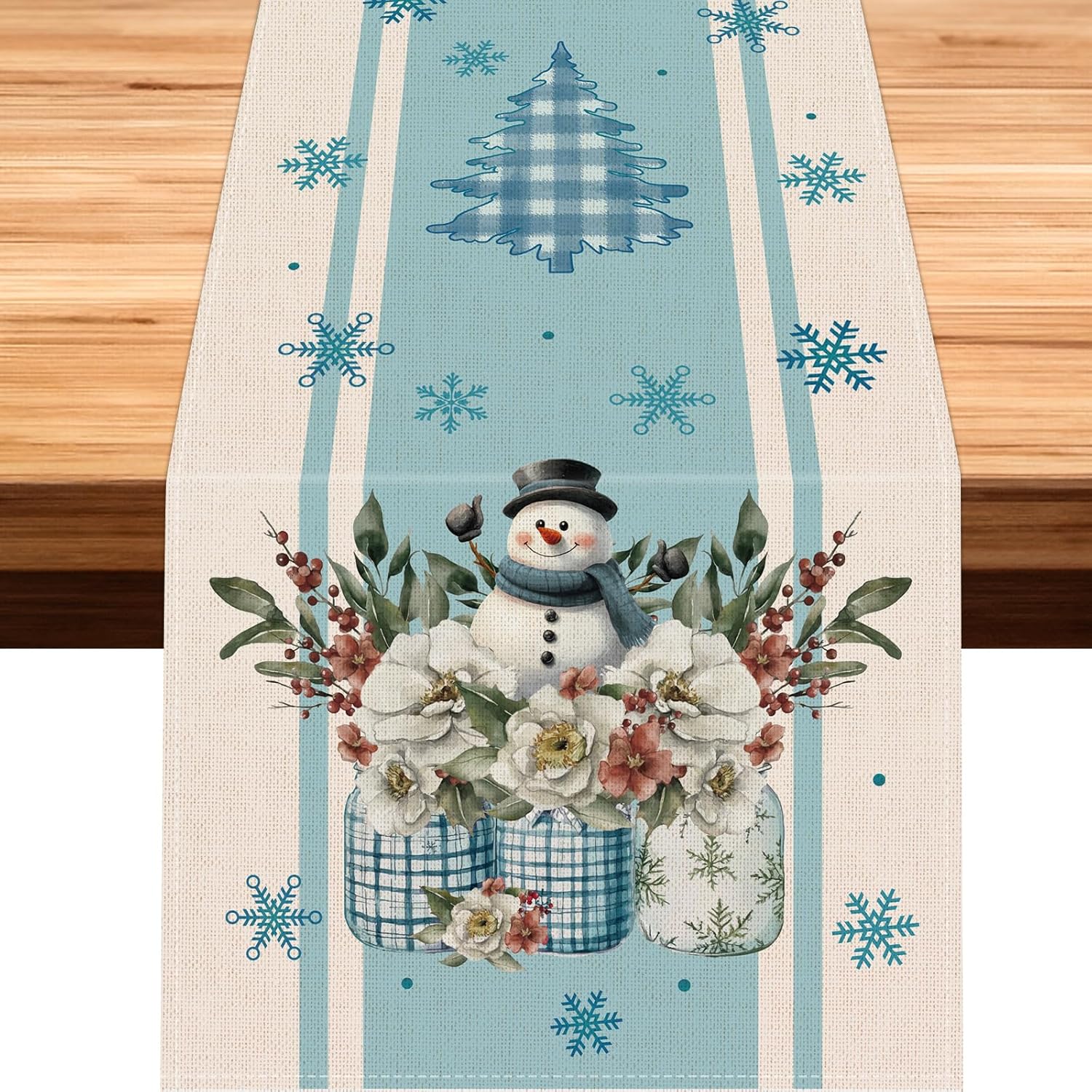 VorkiVecKi Blue Snowman Table Runner Blue Christmas Table