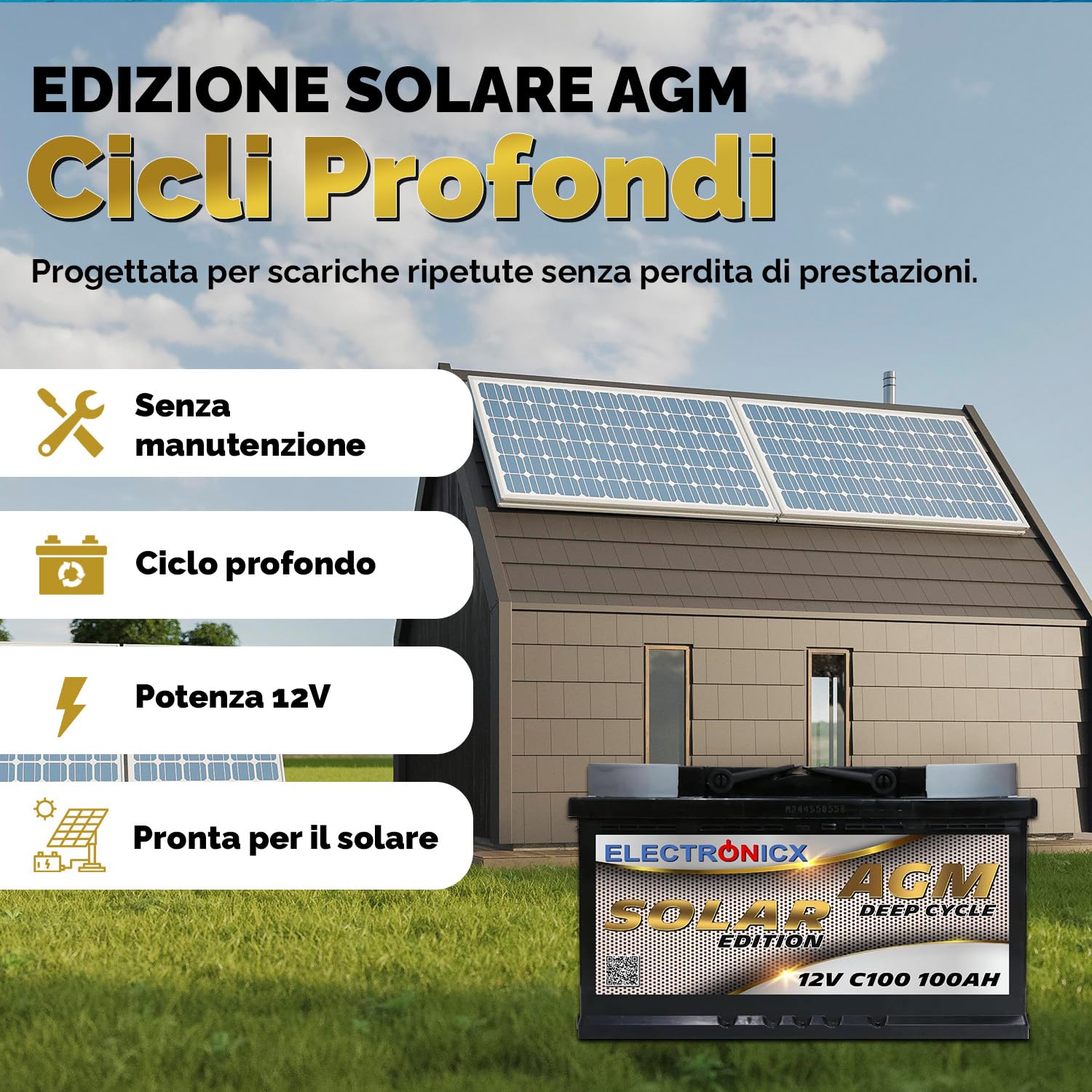 Electronicx batteria di alimentazione AGM SOLAR 12V 100Ah / 100 Ah deep cycle sigillata senza manutenzione, polo positivo a destra – batteria solare fotovoltaica 278×175×190mm per tempo libero