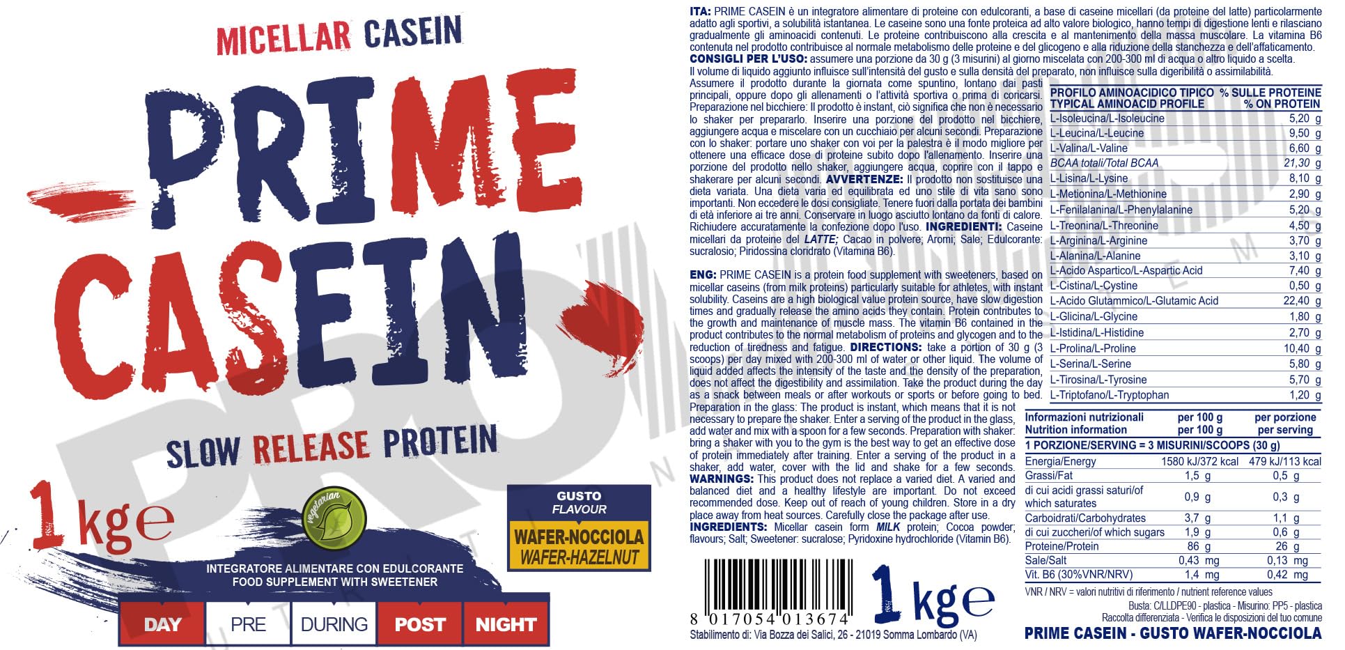 PROLABS PRIME CASEIN - 1 Kg – Wafer-Nocciola - Integratore alimentare di proteine del latte - Purissime caseine micellari - Crescita e mantenimento della massa muscolare