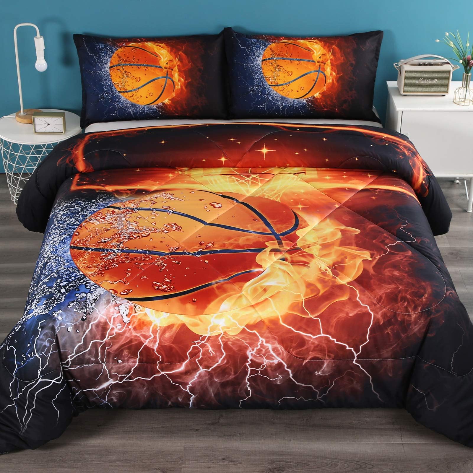 Litanika Basketball Comforter Queen(90x90lnch), 3 Pieces(1 Basketball Comforter and 2 Pillowcases) 3D Sport Basketball Comforter Set, Microfiber Bedding Set for Boys Kids