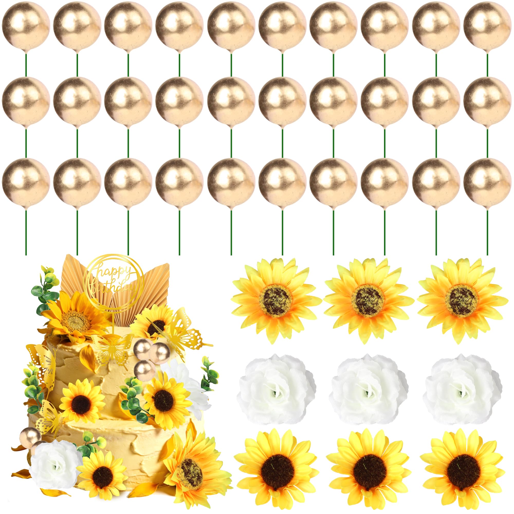 Xsstarmi Happy Birthday Cake Topper Decorations with Balloon Butterfly Cake Picks Artificial Flower Leaves Sunflower Cake Decorations for Wedding Birthday Valentine's Day Party DIY Cake Decorations