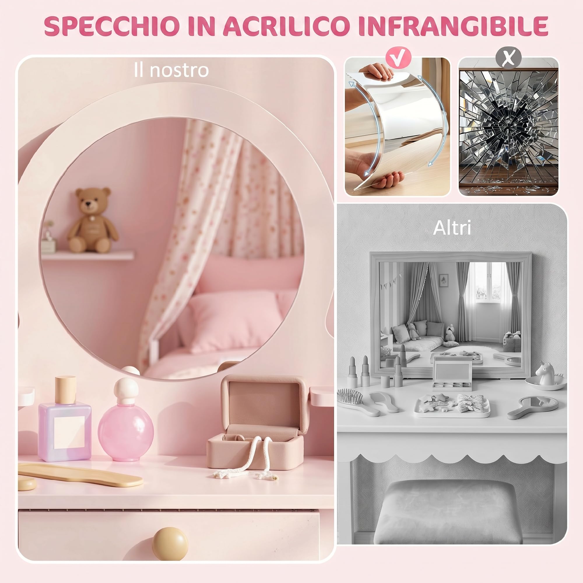 AIYAPLAY Set Toeletta Trucco Bambina 2 in 1 con Sgabello 3-6 Anni Rosa | Postazione Tavolo Trucco in Legno, Specchio in Acrilico, Cassetto, 2 Ripiani, Bordi Arrotondati