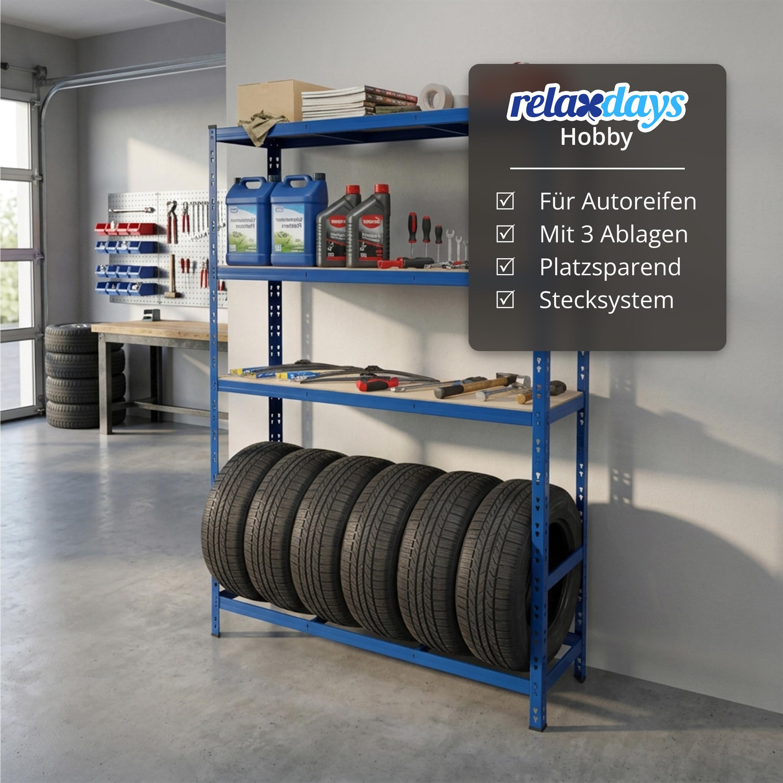 Relaxdays Reifenregal für 6 Reifen, HxBxT 180 x 120 x 40 cm, 600 kg, Stahl, Stecksystem, Reifenlager Werkstatt, blau