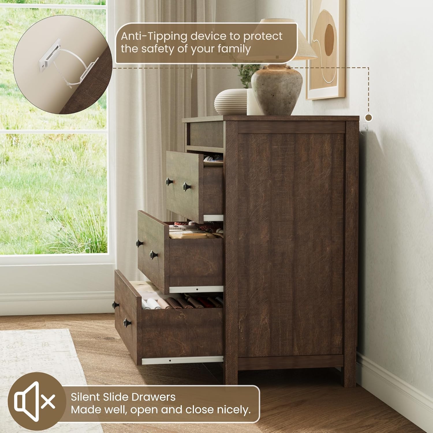 GarveeHome 3 Drawer Dresser, Modern Fluted Nightstand, Wooden Chest of Drawers, Storage End Table Organizer for Bedroom, Living Room, Hallway, Walnut