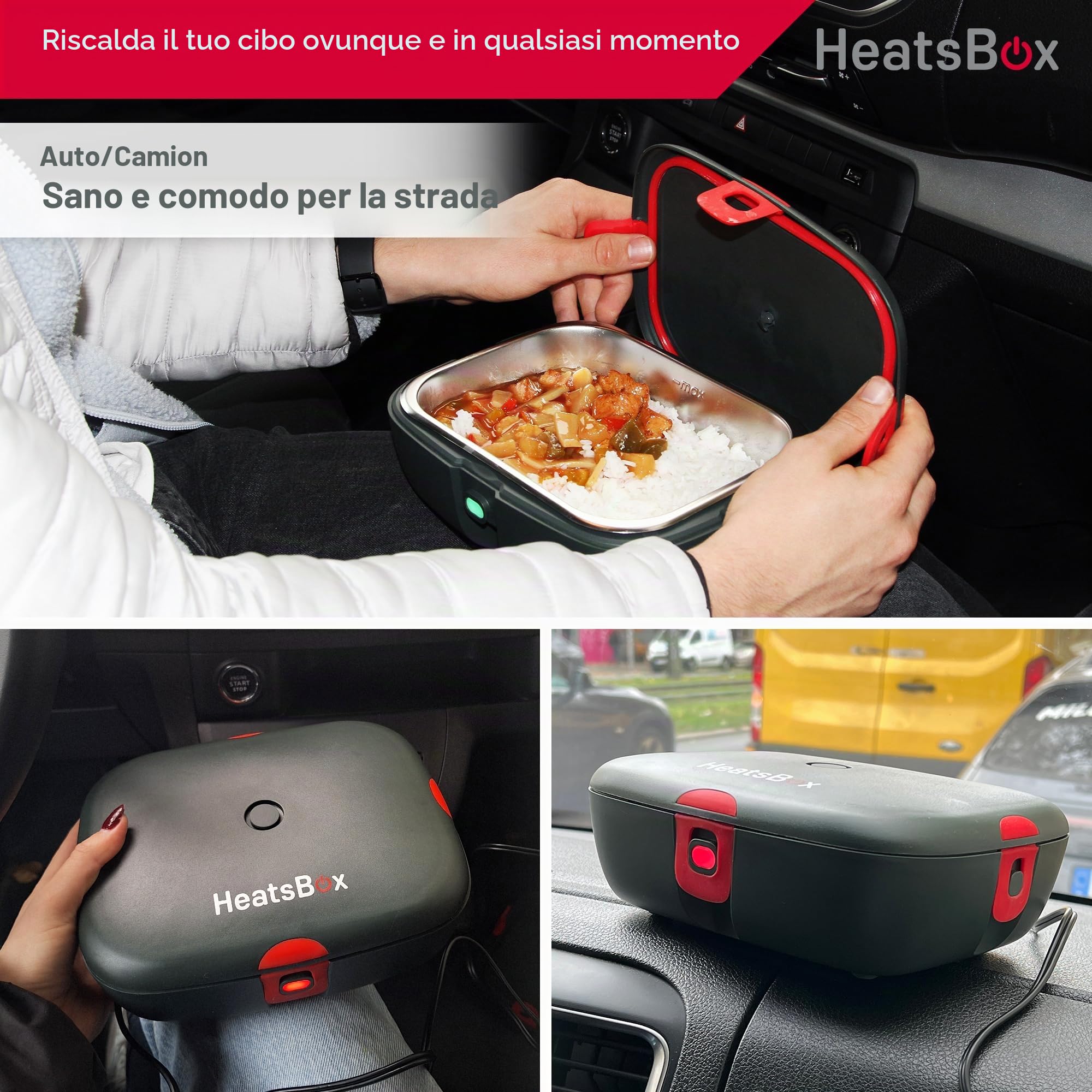 Faitron HeatsBox DRIVE 12V / 24V - Lunch Box Elettrico per Auto - Scaldavivande Controllato tramite App, Ciotola in Acciaio Inox a Prova di Perdite, Design Resistente per Pasti Fuori Casa