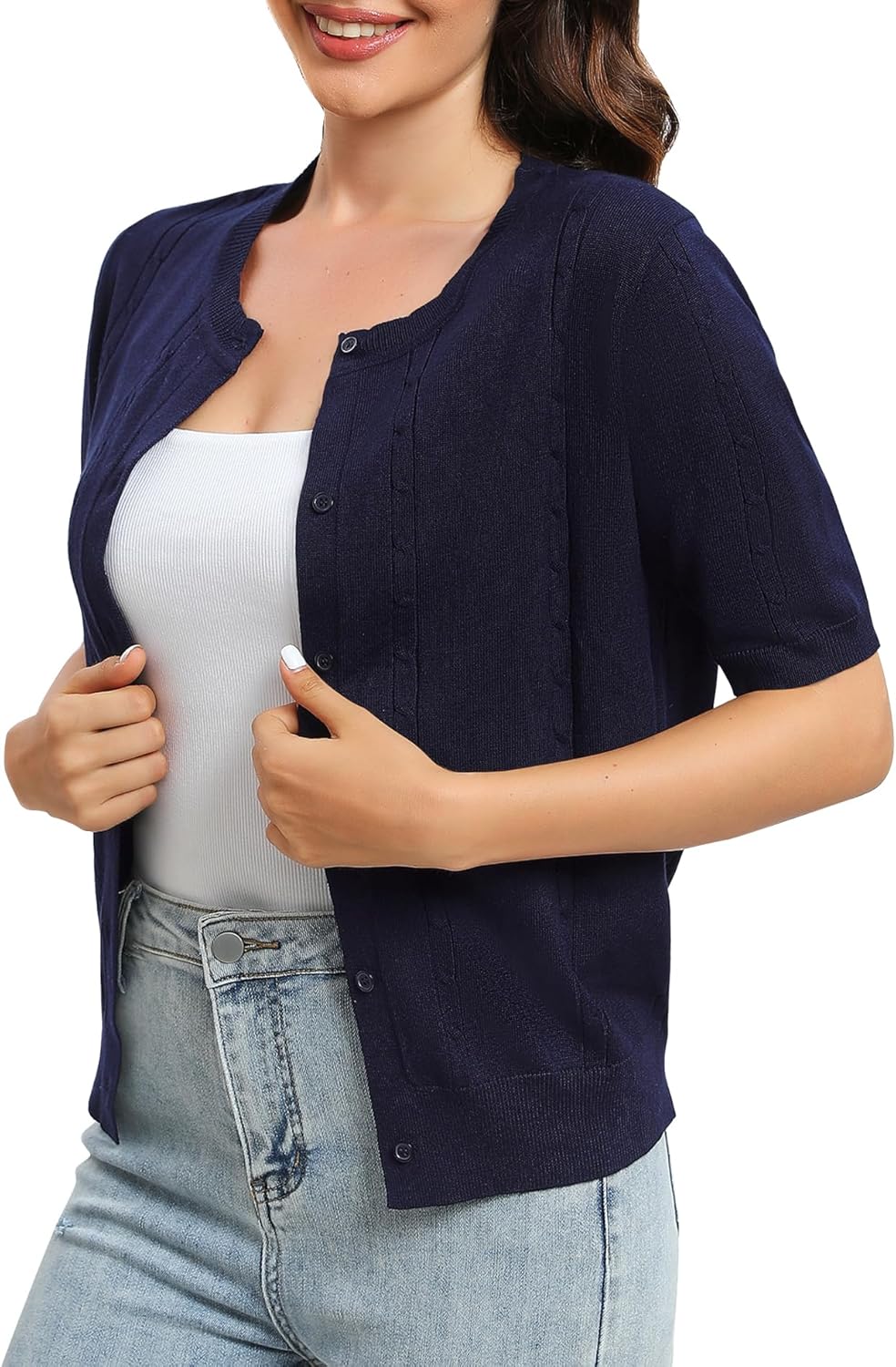 Urban CoCo Women's Short Sleeve Round Neck Cropped Cardigan Sweater Lightweight Shrug Sweaters for Women - Image 2