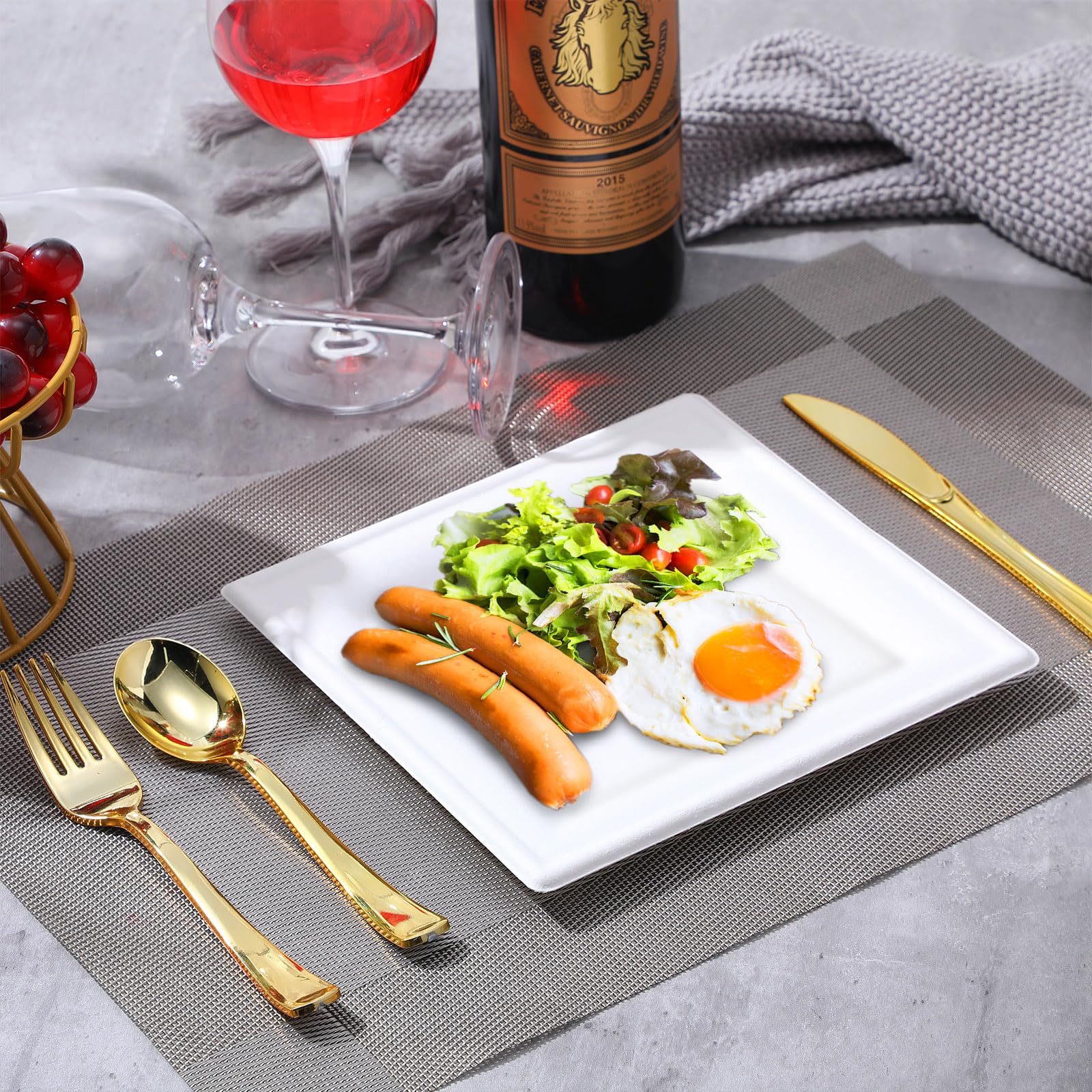 Lallisa 200 Stück 20.3 cm weiße Einweg-Pappteller, quadratische Einweg-Vorspeisenteller, Bagasse, Faser, Dessertteller, Speiseteller, Partyteller für Salat, Kuchen, Bulk, Hochzeit, Restaurant