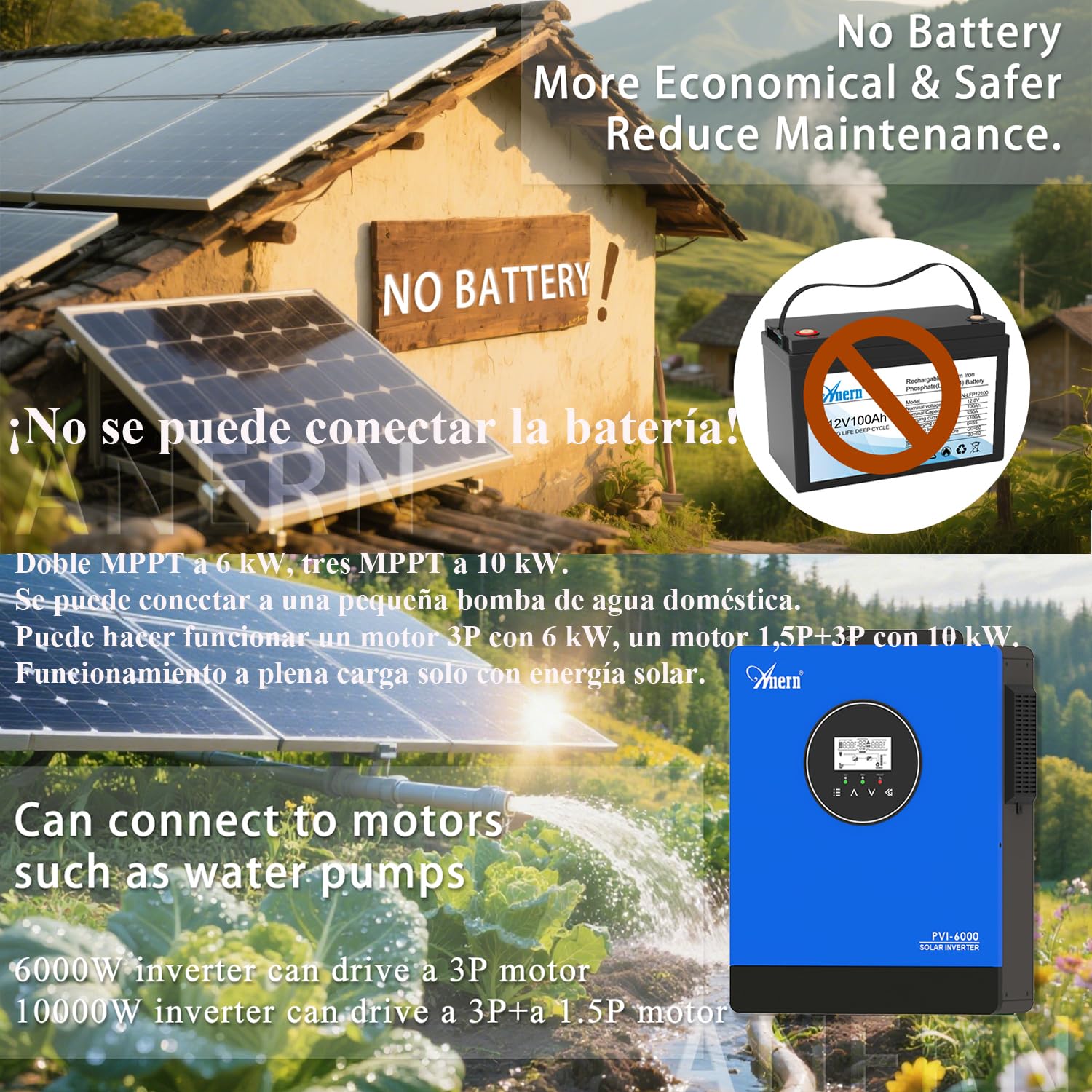 Anern 10KW Inversor Solar 220V-240VCA Integrados 3 MPPT No se Puede Conectar la Datería Funcionar con 1.5P+3P Motor o Bomba de Agua, Voltaje MPPT 60-450VCC Función CT Fuera de la Red