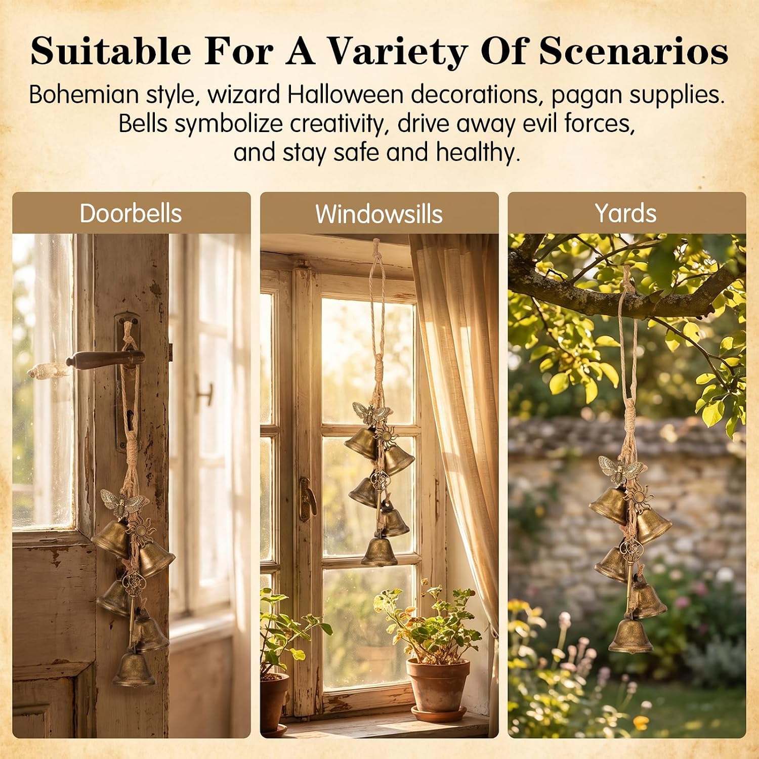 Witch Bells for Door Knob Hanging Handmade Brass Protection Witches Bells