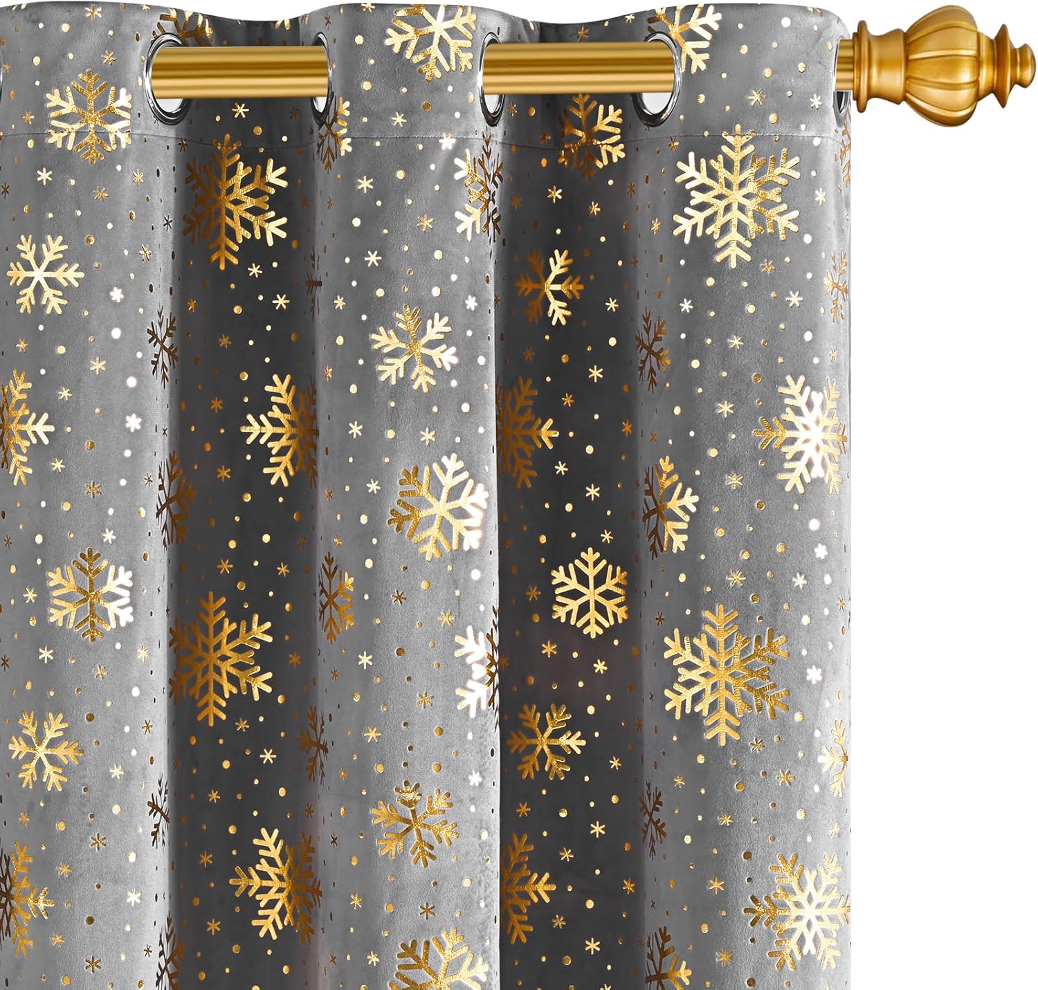 Yinhua Christmas Velvet Blackout Curtains for Living Room Gold Snowflake Bedroom Curtains 84 Inch Length 2 Panels, Thermal Insulated Curtain Room Darkening Grommet Drapes for Christmas Winter, Grey