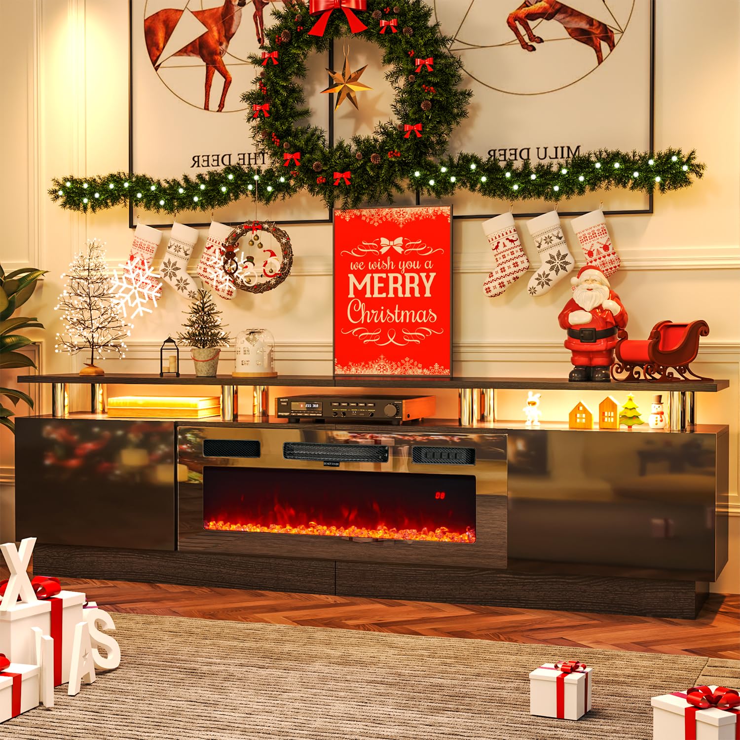 oneinmil Fireplace TV Stand with 36” Electric Fireplace, 2 Tier TV Console Stand for TVs Up to 90"", LED Light Entertainment Center, Fireplace for The Living Room TV Stand, Black, 80''