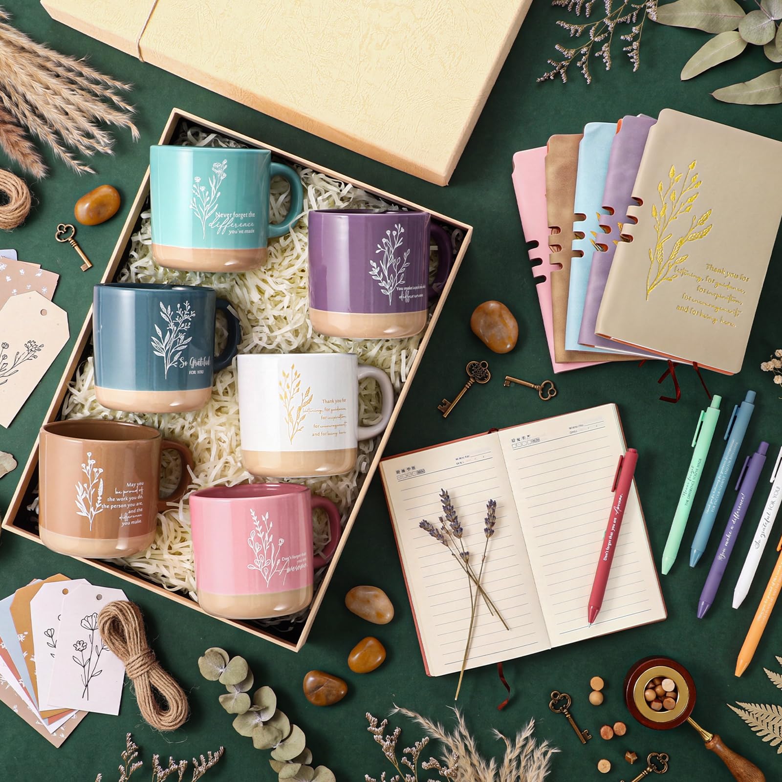 Didaey Juego de 6 juegos de regalos de agradecimiento para empleados, tazas de café de cerámica floral bohemio de 13 onzas con cuadernos de cuero A6, bolígrafos de bola, regalo de agradecimiento a