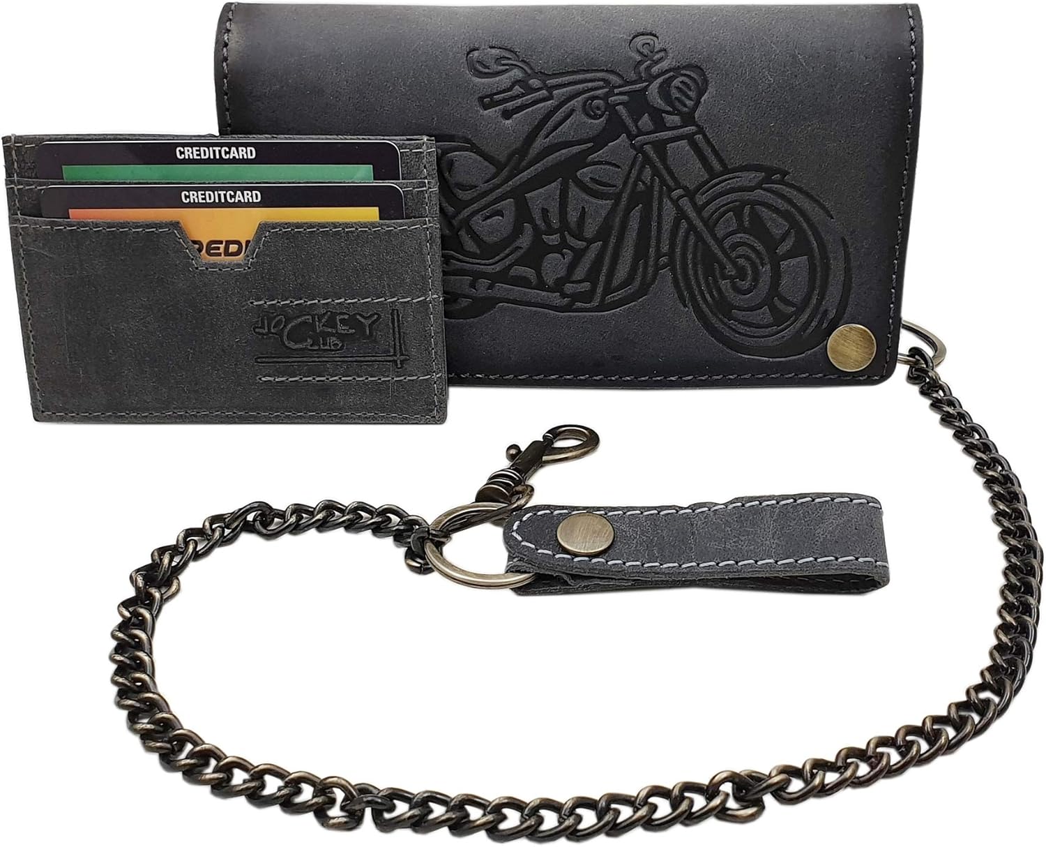 Echt buffel-volleren bikerportemonnee, portemonnee, portemonnee, portemonnee, portemonnee met metalen ketting met uitneembare kaarthouder met RFID- en NFC -bescherming, in zwart of bruin, bruin, Eén