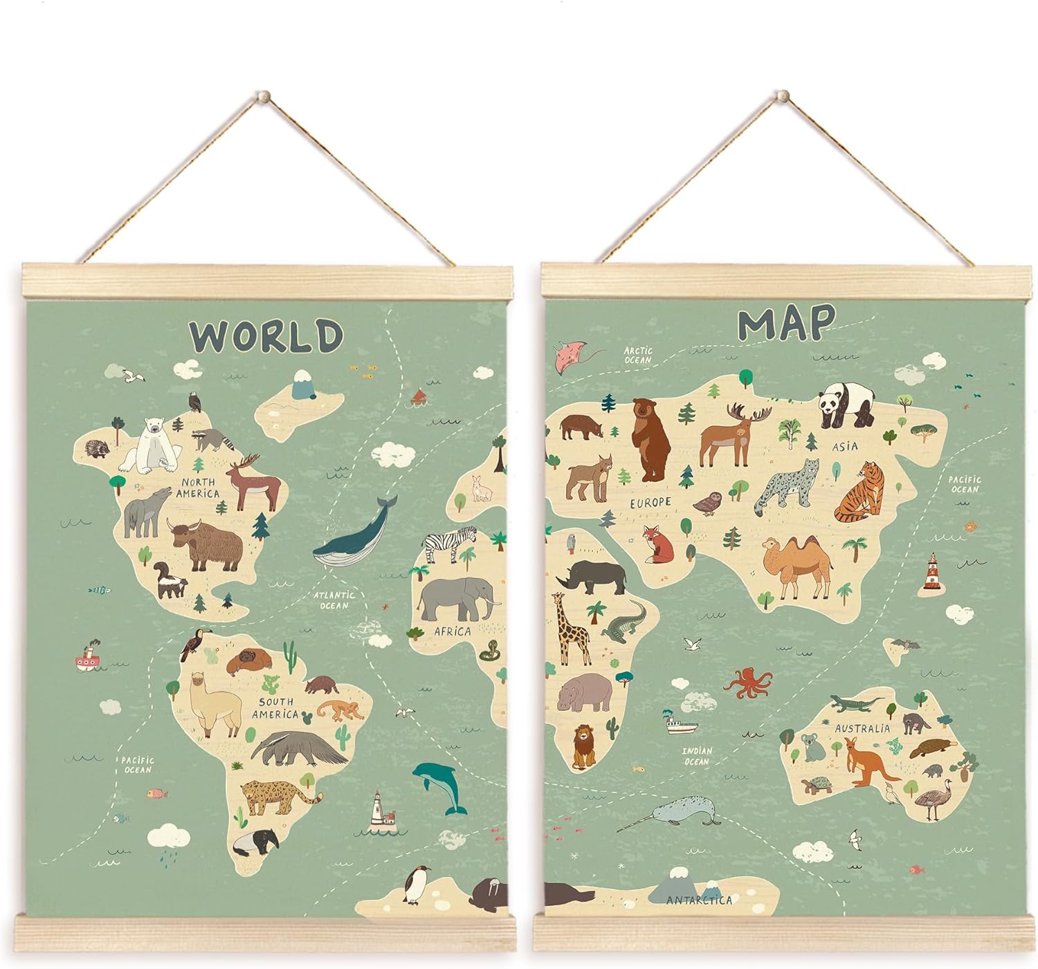 CGBHW World Map Poster Hanger Frame Set of 2, Cute Animal Educational Learning Tool Posters Wall Art Hanging Decor for Kids Room Nursery Classroom Home School Playroom Homeschool, 12x16