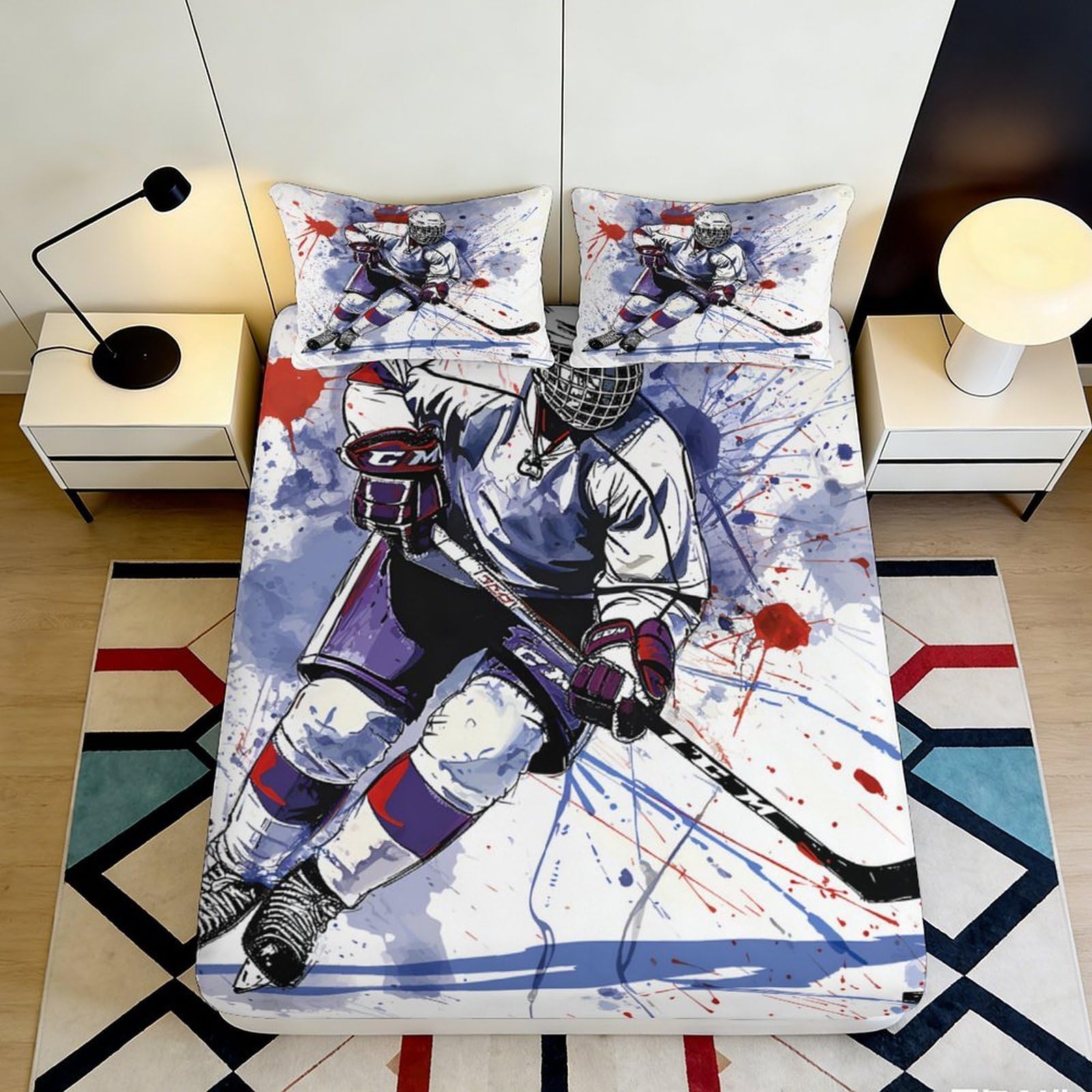 3D Printed Hockey Player Fitted Sheet Microfiber Soft Breathable Ice Rink Bed Sheet Anti-Slip Machine Washable for Bedroom Dorm 90x200x25cm