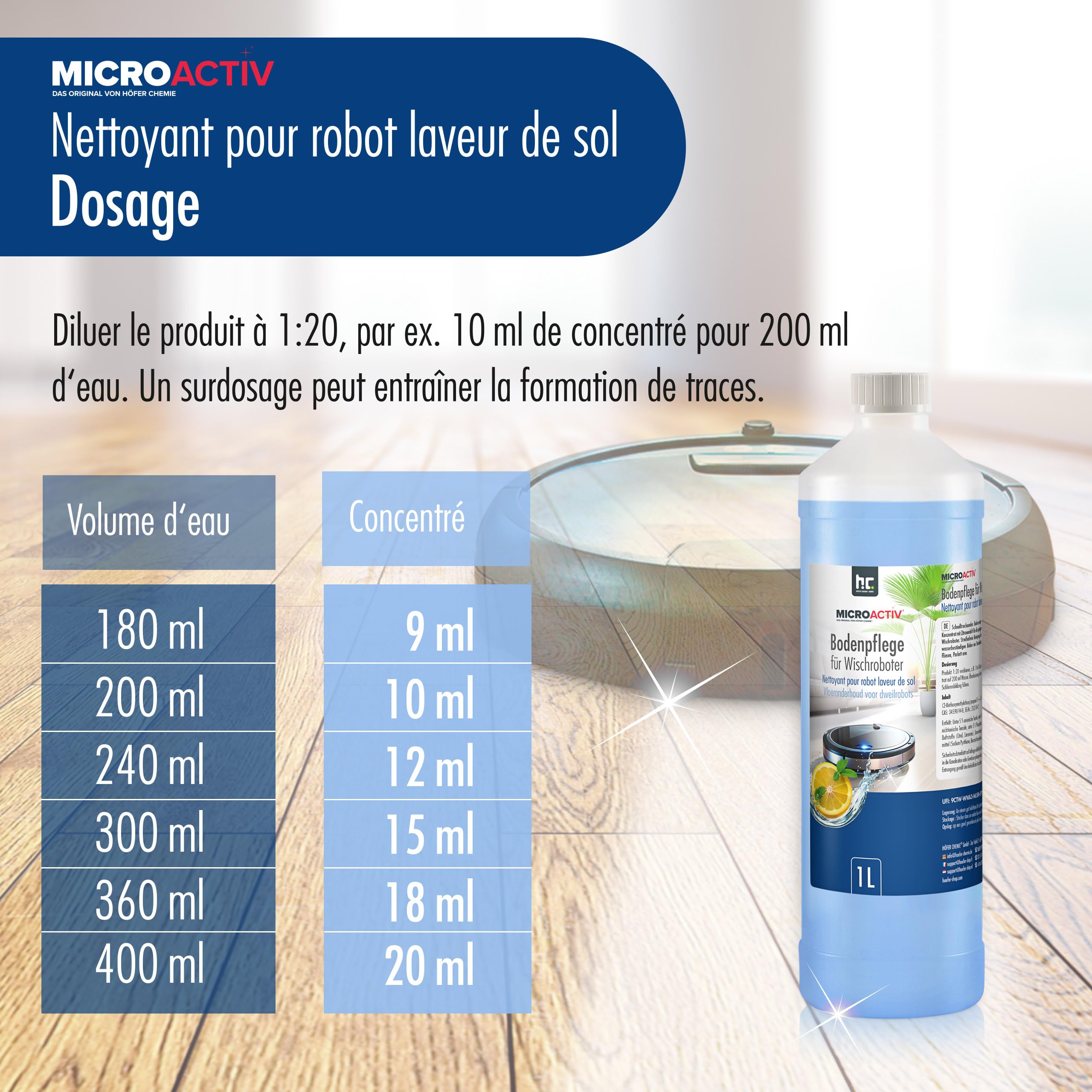 Microactiv Nettoyant Sol Concentré 3 x 1 L pour Robots Laveurs | Séchage Rapide, Antidérapant, Idéal pour Tous Types de Sols - Parfum Frais Discret - Convient Parquet, Carrelage et Stratifié