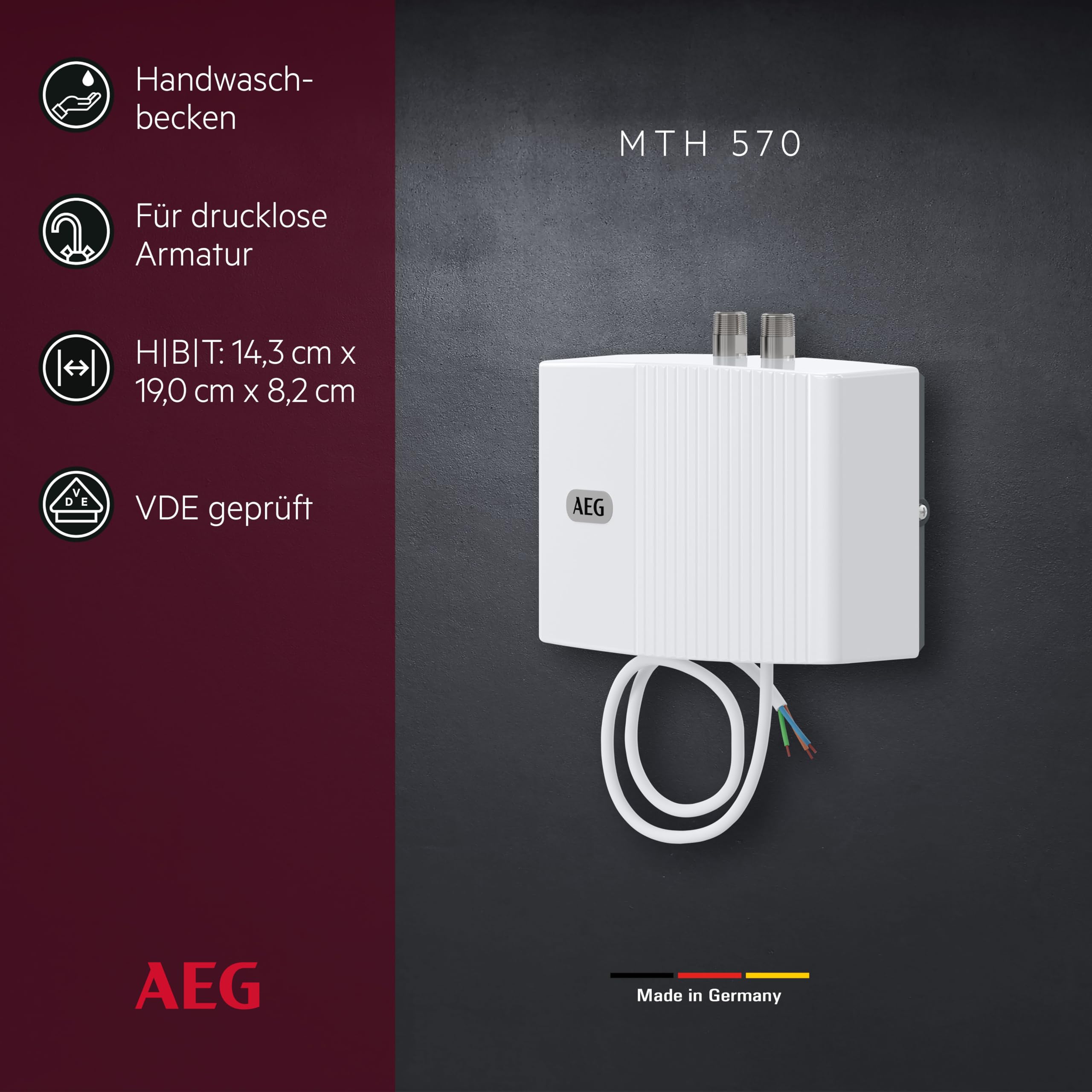 AEG hydraulischer Klein-Durchlauferhitzer MTH 570 fürs Handwaschbecken, 5,7 kW, ohne Stecker - Festanschluss 230V, drucklos, Made in Germany, 222116