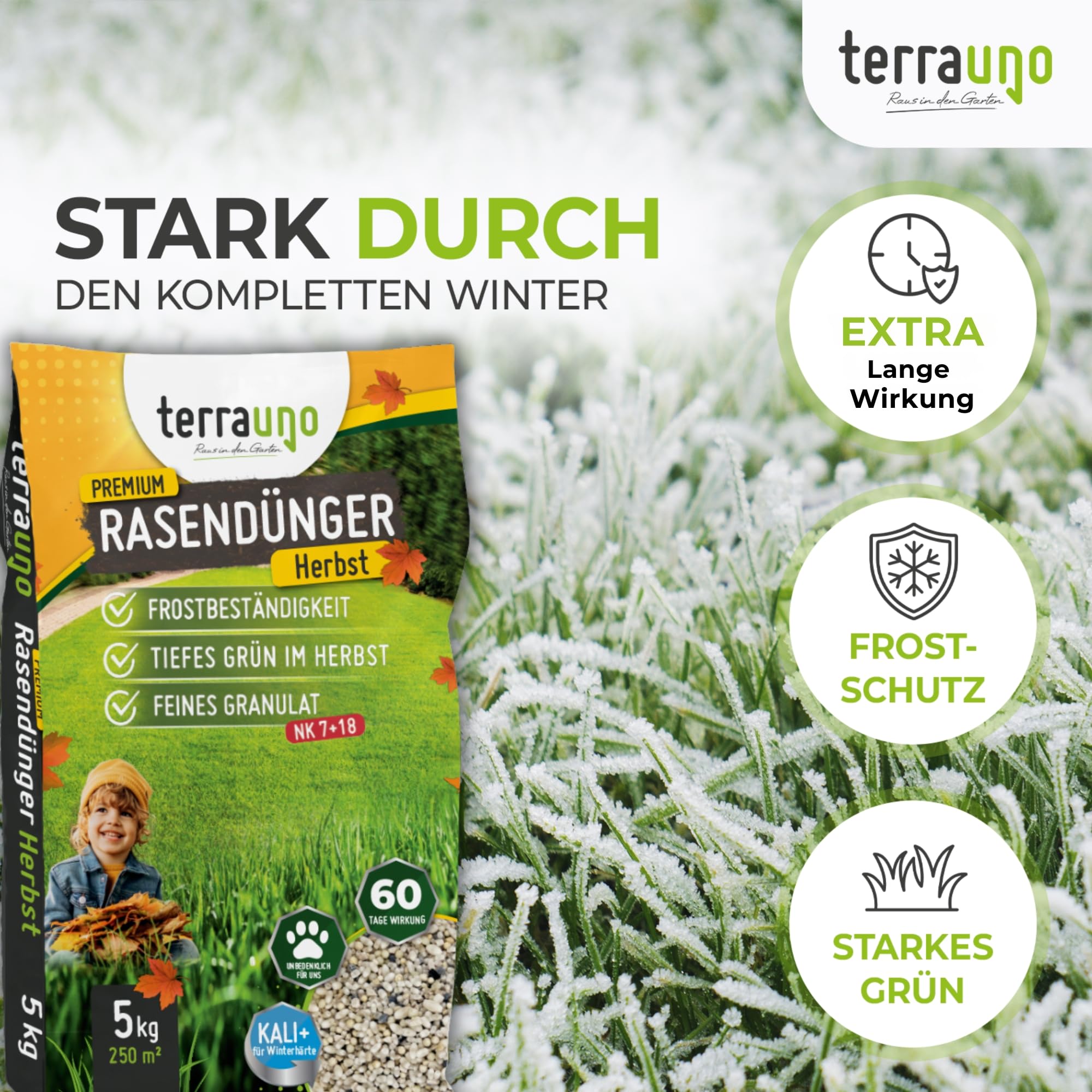 TerraUno Premium Herbstdünger Rasen, gesunder Rasen verdrängt Moos & Unkraut, Rasendünger Herbst mit 60 Tage Langzeitwirkung, 20 kg für 1000 m², Herbstrasendünger, Sofortwirkung, extra starkes Grün