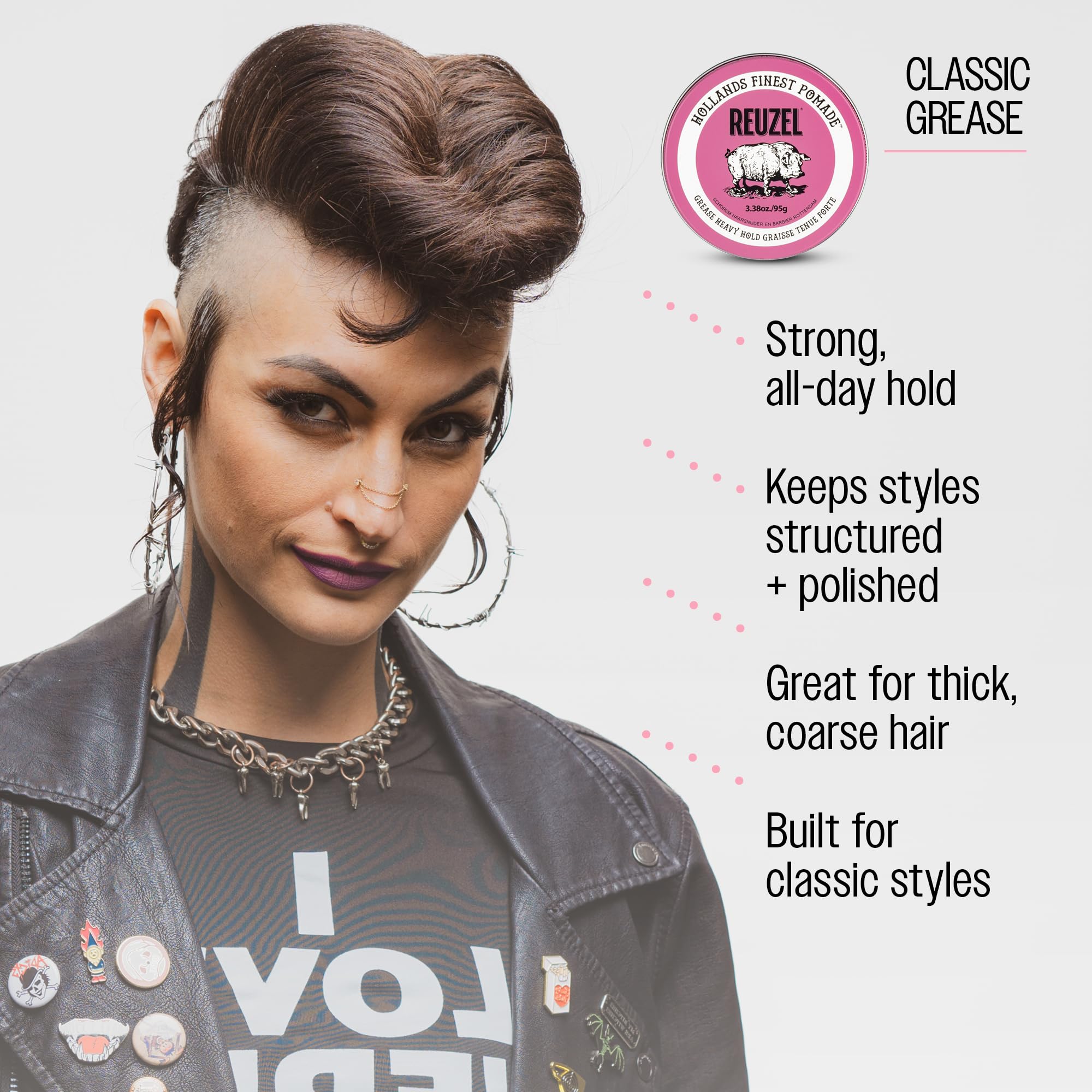 Reuzel Pommade Pink Grease Tenue épaisse, tenue forte, brillance moyenne, pommade à base d'huile, tenue toute la journée, 95g