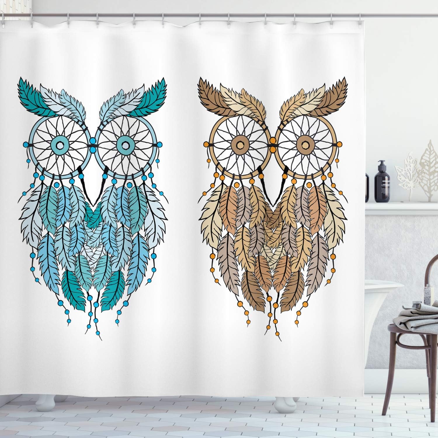 Ambesonne Owl Shower Curtain, Dreamcatcher Style Owl Features Magic Farsighted Birds Print, Cloth Fabric Bathroom Decor Set with Hooks, 69" W x 84" L, Cream White Teal