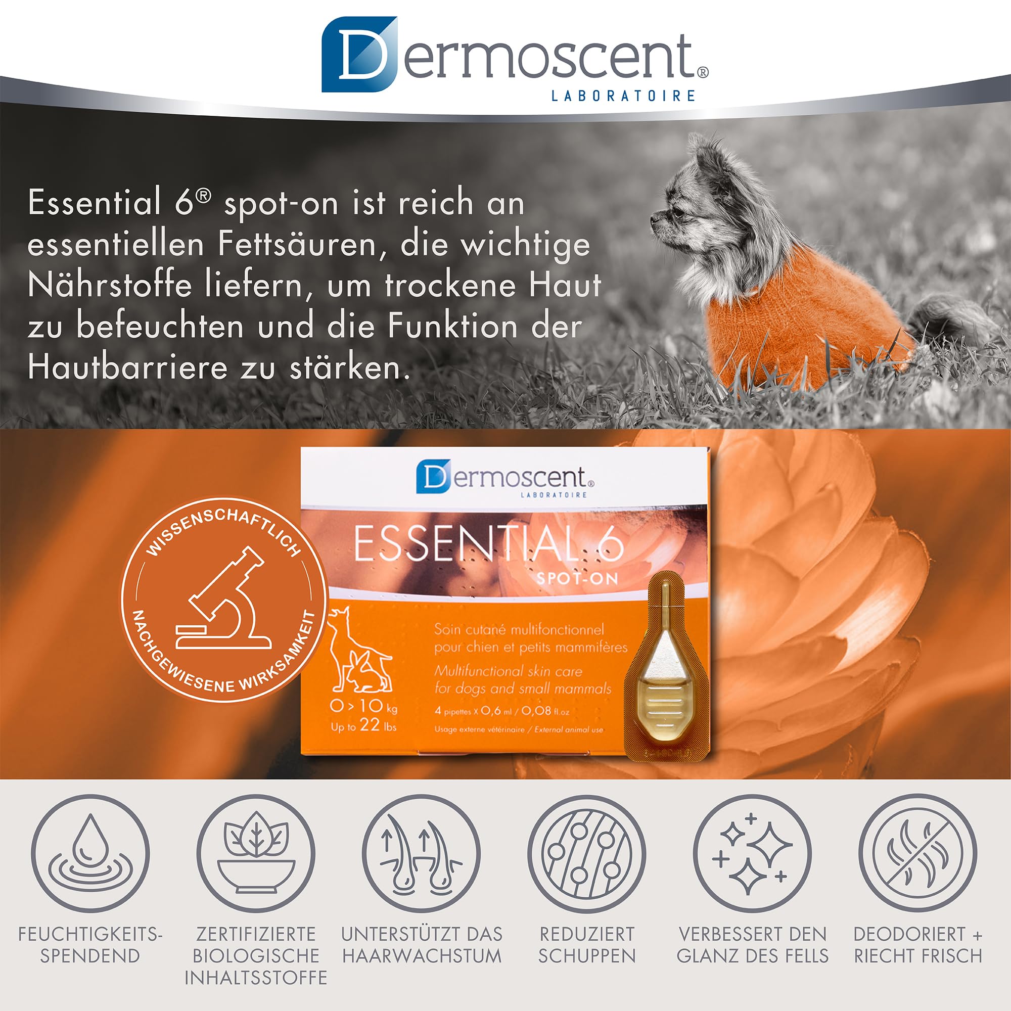 Dermoscent Essential 6 Spot-On | 4 x 0,6 ml | Für kleine Hunde, Katzen und Kleintiere | Kann zur Linderung von Juckreiz beitragen | Mit Vitamin E | Mühelose Anwendung