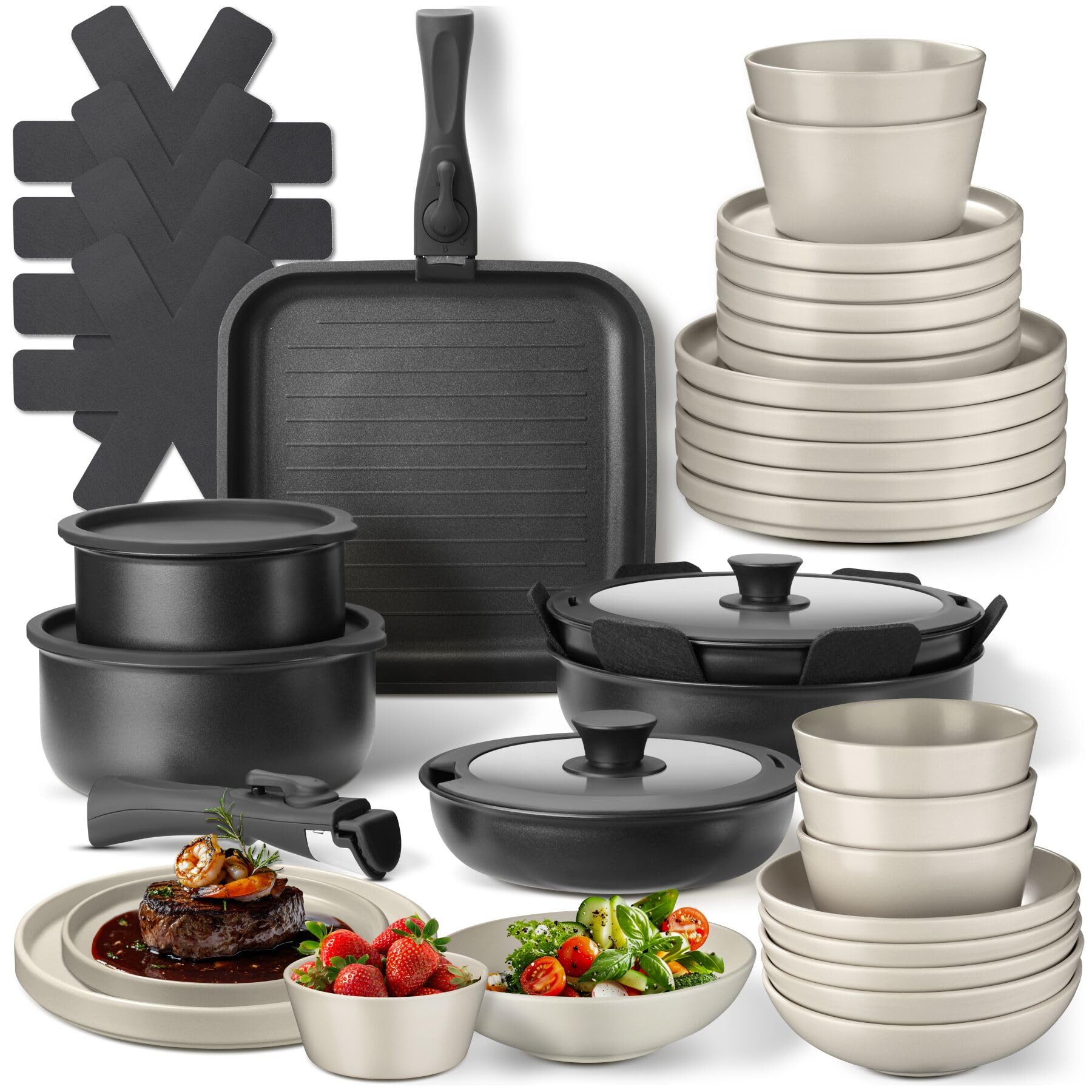tectake® Set cucina x 6 persone 41 pezzi, stoviglie e pentole, 24 pcs tra piatti e ciotole, x microonde e lavastoviglie, 17 pcs tra padelle, grill, coperchi pentole manici removibili - Nero/Tortora