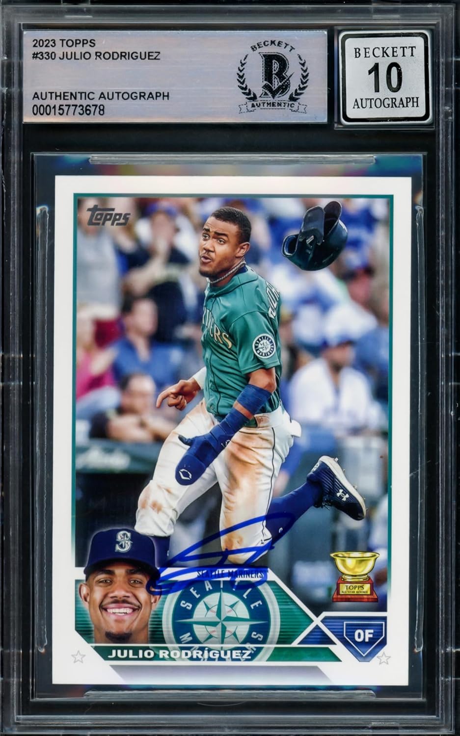 Julio Rodriguez Autographed 2023 Topps Card #330 Seattle Auto Grade Gem Mint 10 Beckett BAS Stock #216657