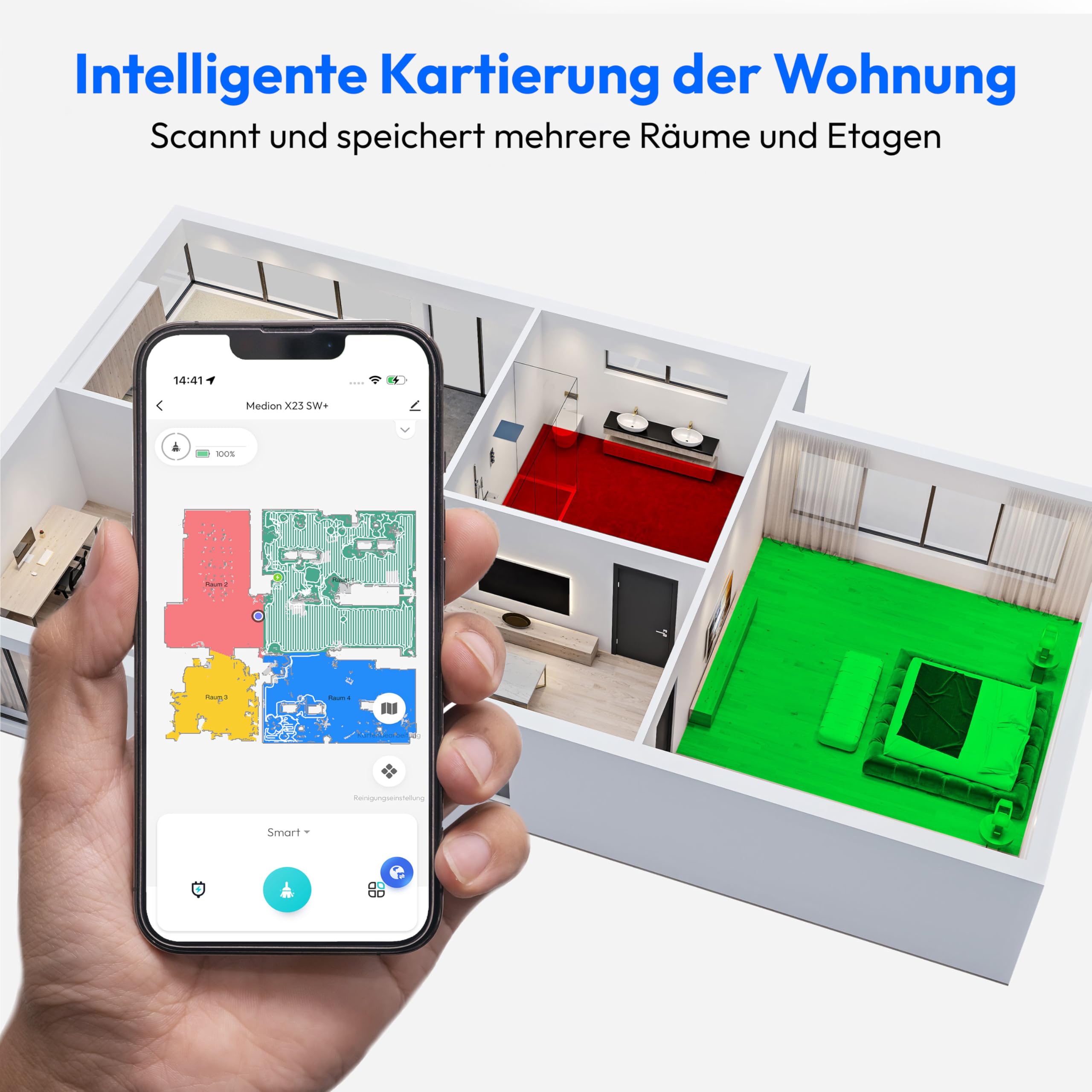 MEDION Saugroboter mit Absaugstation und Wischfunktion X23 SW+ (Lasernavigation, Starke 5000Pa Saugkraft, 2in1 Roboterstaubsauger, präzise Kartenerstellung, Go & No Go Bereiche, mehrere Etagen) blau
