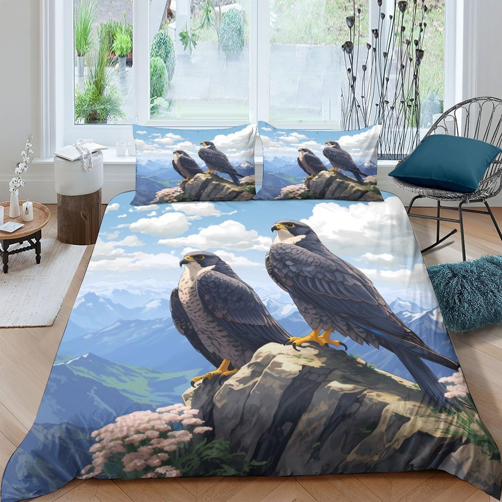 GPLZQXKJNH 3D Printed Falcon Mountain Duvet Cover Set Microfiber Soft Breathable Eagle Nature Bedding with 2 Pillowcases for Bedroom Single（135x200cm）