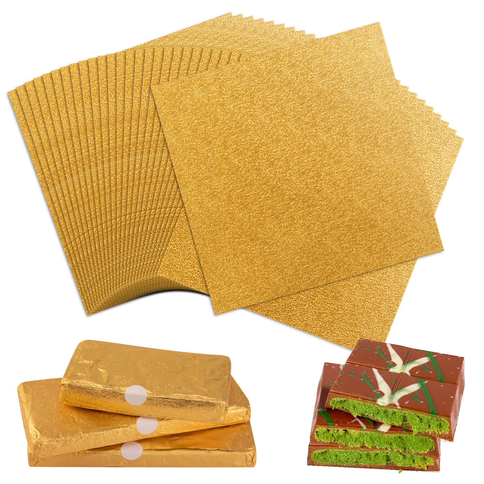 100 PCS Chocolate Bar Wrappers, Gold Aluminum Foil, 30×30 cm/11.81×11.81 inch – with 120 Sealing Stickers, Dubai Chocolate Paper Wrappers, Candy Wrappers, Gift Packaging, Decoration, DIY Crafts — image 1