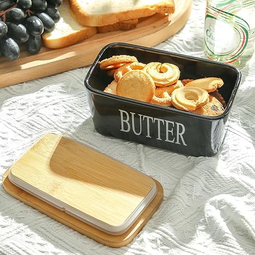 Miniatura 5 de Hasense Mantequillera grande con tapa y cuchillo, plato de mantequilla de cerámica con tapa para encimera, contenedor de mantequilla negra para