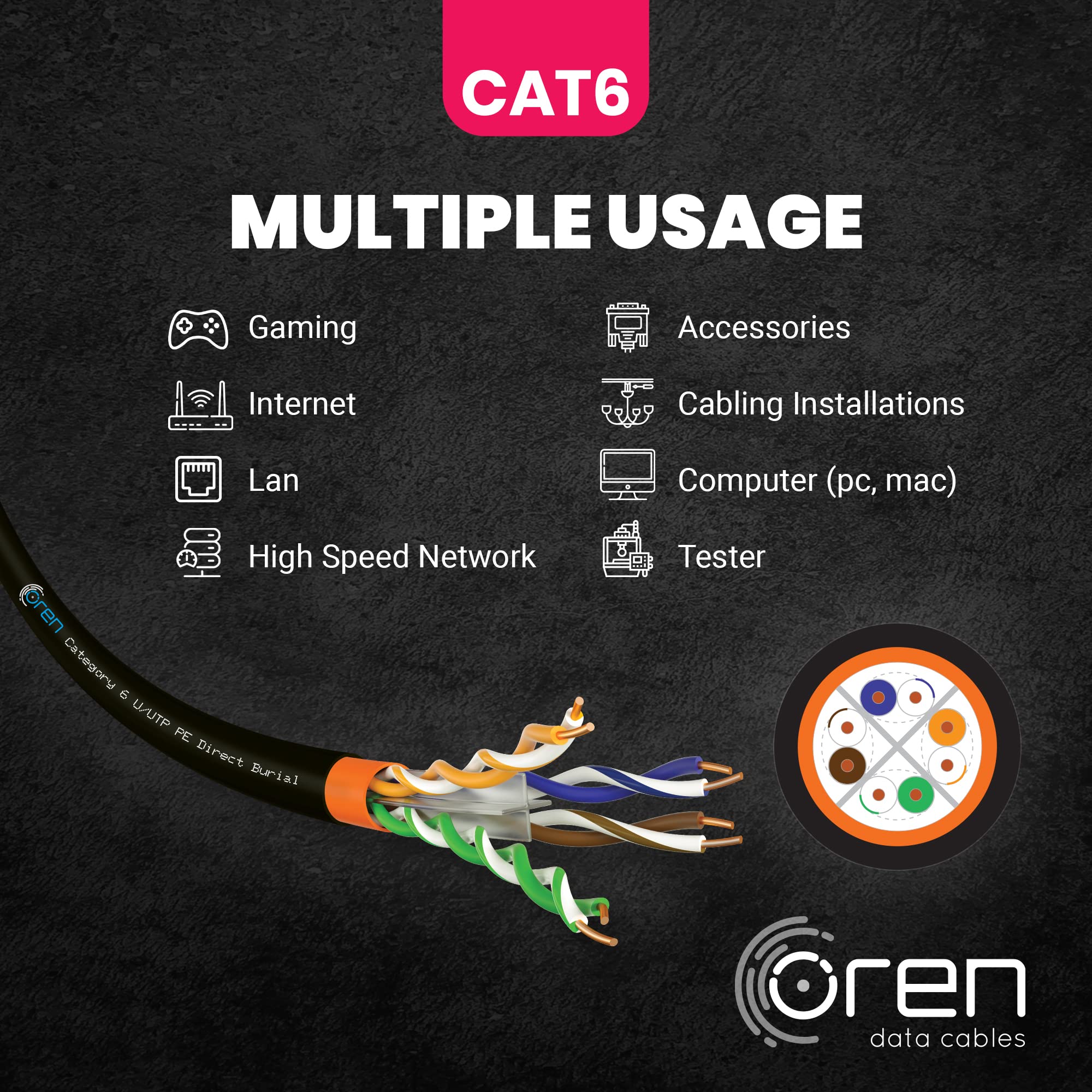 Oren CAT6 Ethernet Kabel 100m für den Außenbereich – Direkte Erdverlegung – 23 AWG Reiner Kupferdraht – 400 MHz Bandbreite UTP, Internet, LAN, Netzwerkkabel – halogenfrei, nicht korrosiv – Gigabit