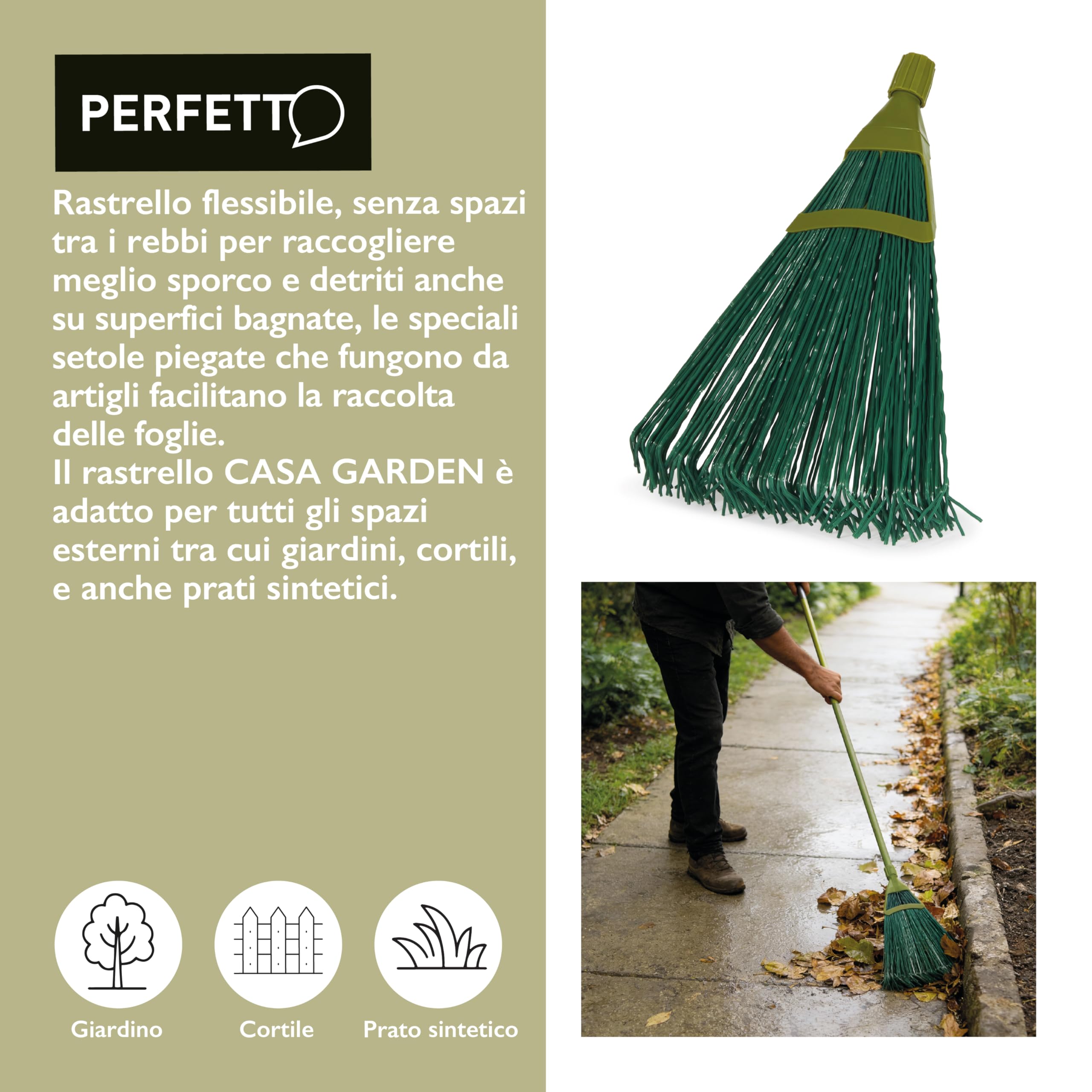 Perfetto - Casa Garden - Scopa Rastrello Flessibile - Raccolta Foglie e Detriti per Giardino. Cm 42.