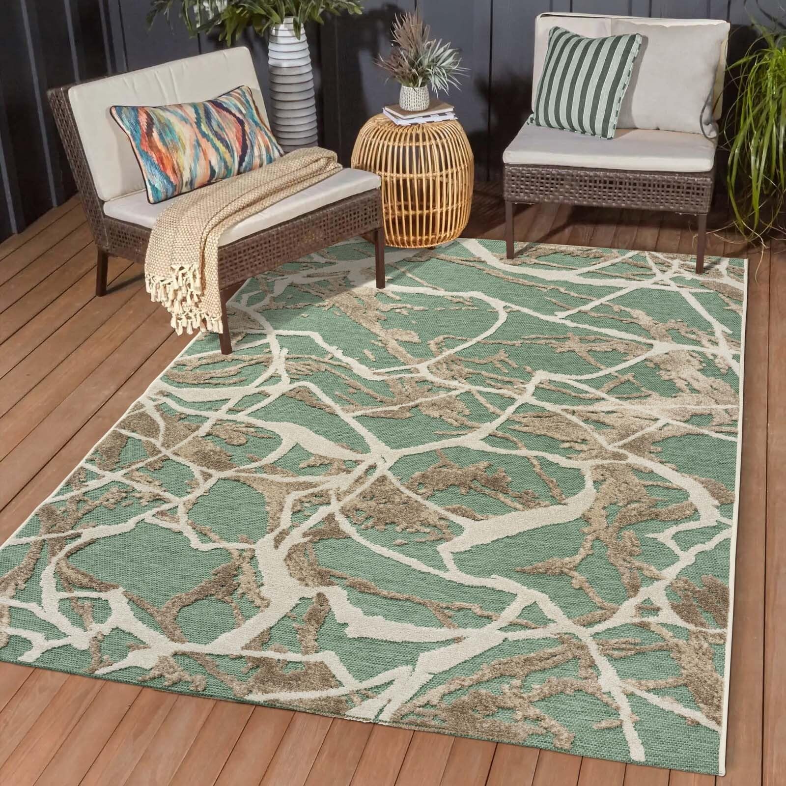 Taracarpet In & Outdoor Teppich Wetterfest Wohnzimmer Balkon Küchenteppich Terrassenteppich Flachgewebe mit Muster Marmor Optik grün 240x340 cm