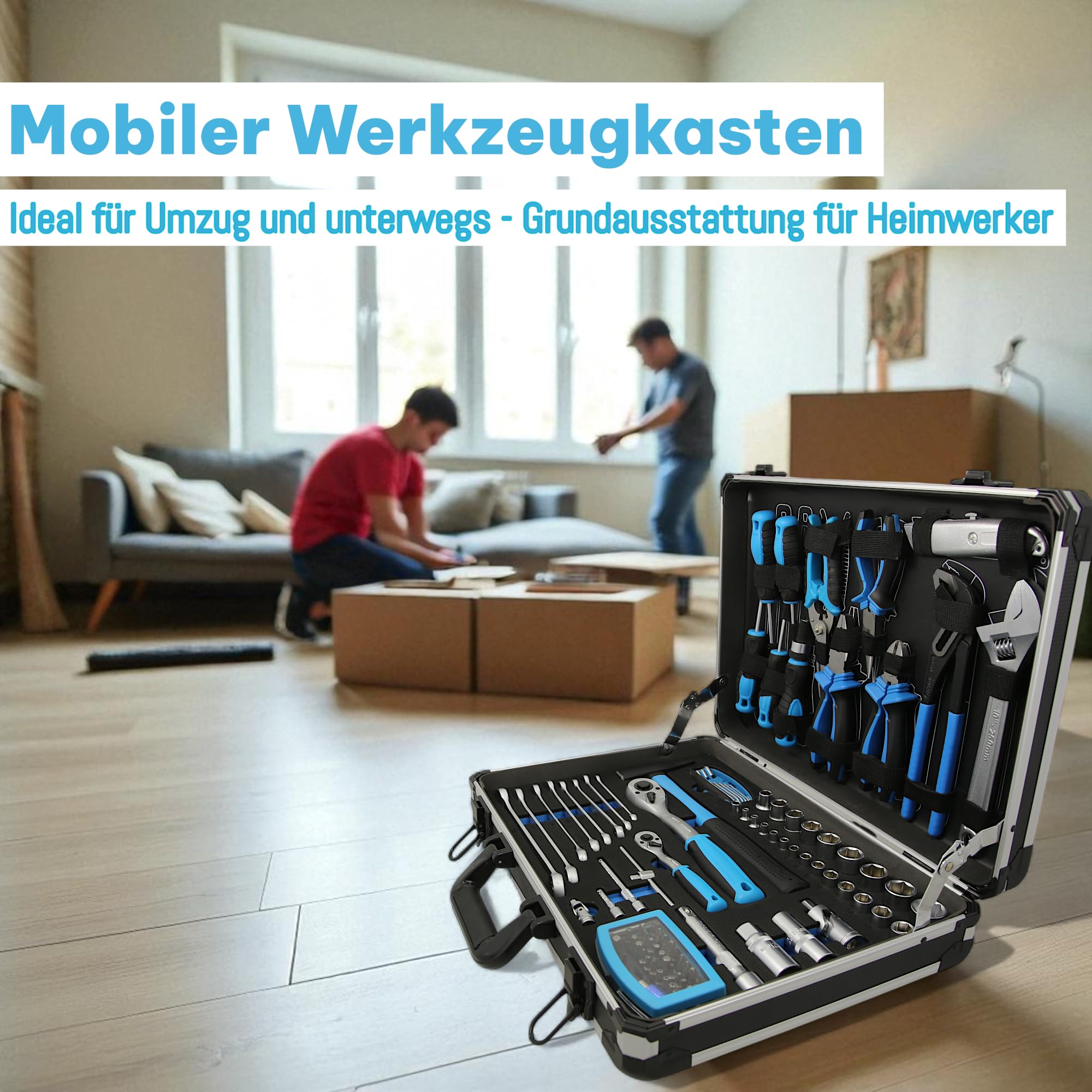 ATF Premium Werkzeugkoffer/Werkzeug-Set gefüllt 95-tlg CV, Ratsche, Steckschlüssel, Gabelschlüssel, Bits, Schraubendreher und Zangen, Ideal für Umzug, Geschenkidee, Alu-Koffer bestückt