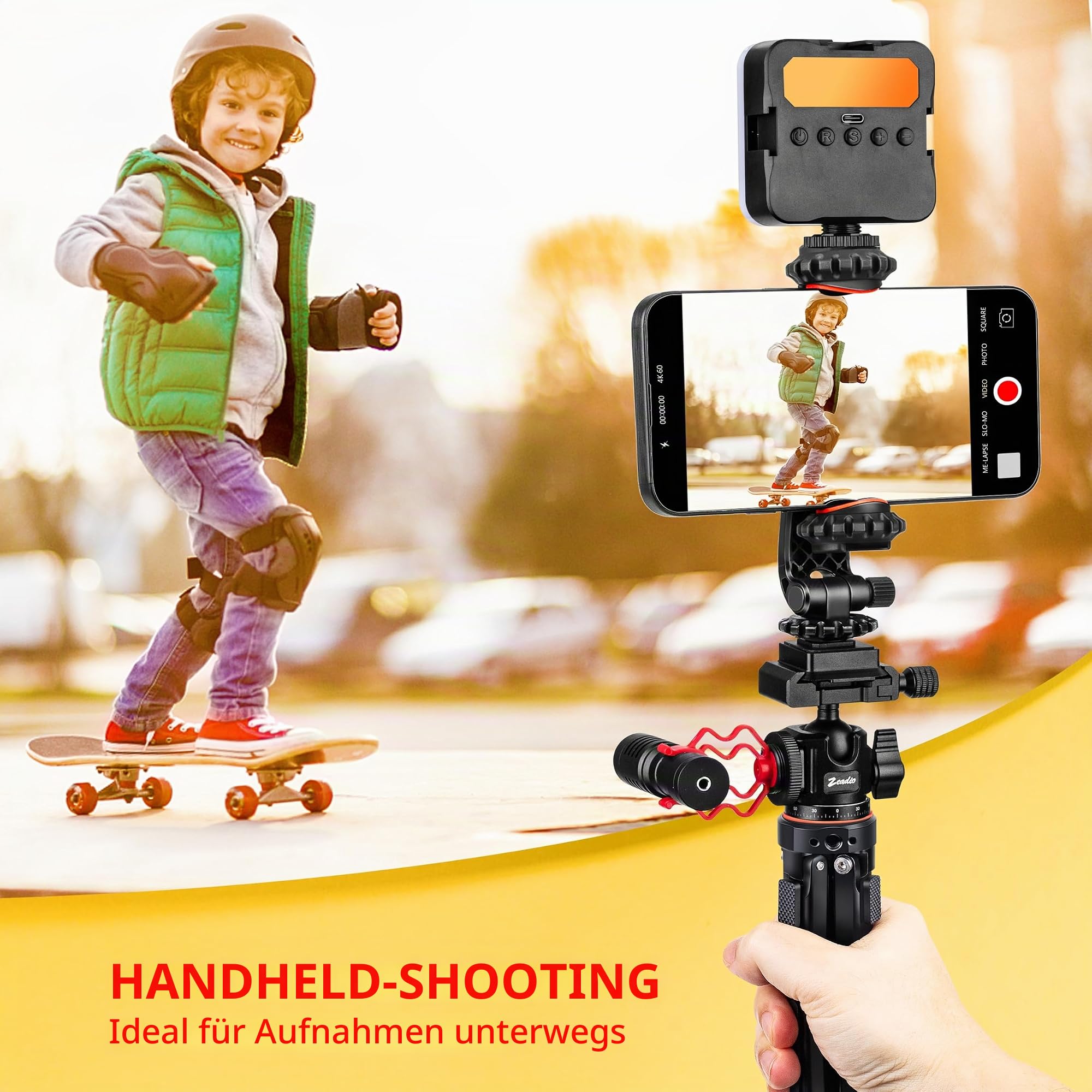 Zeadio 3-in-1 Schweres Metallstativ mit Arca-Kugelkopf, Halterung für Handy & Actionkamera-Adapter – Universelles Vlogging-Tripod-Set für Smartphone, Kamera, Gimbal, Actionkamera, Reise-Vlogging usw