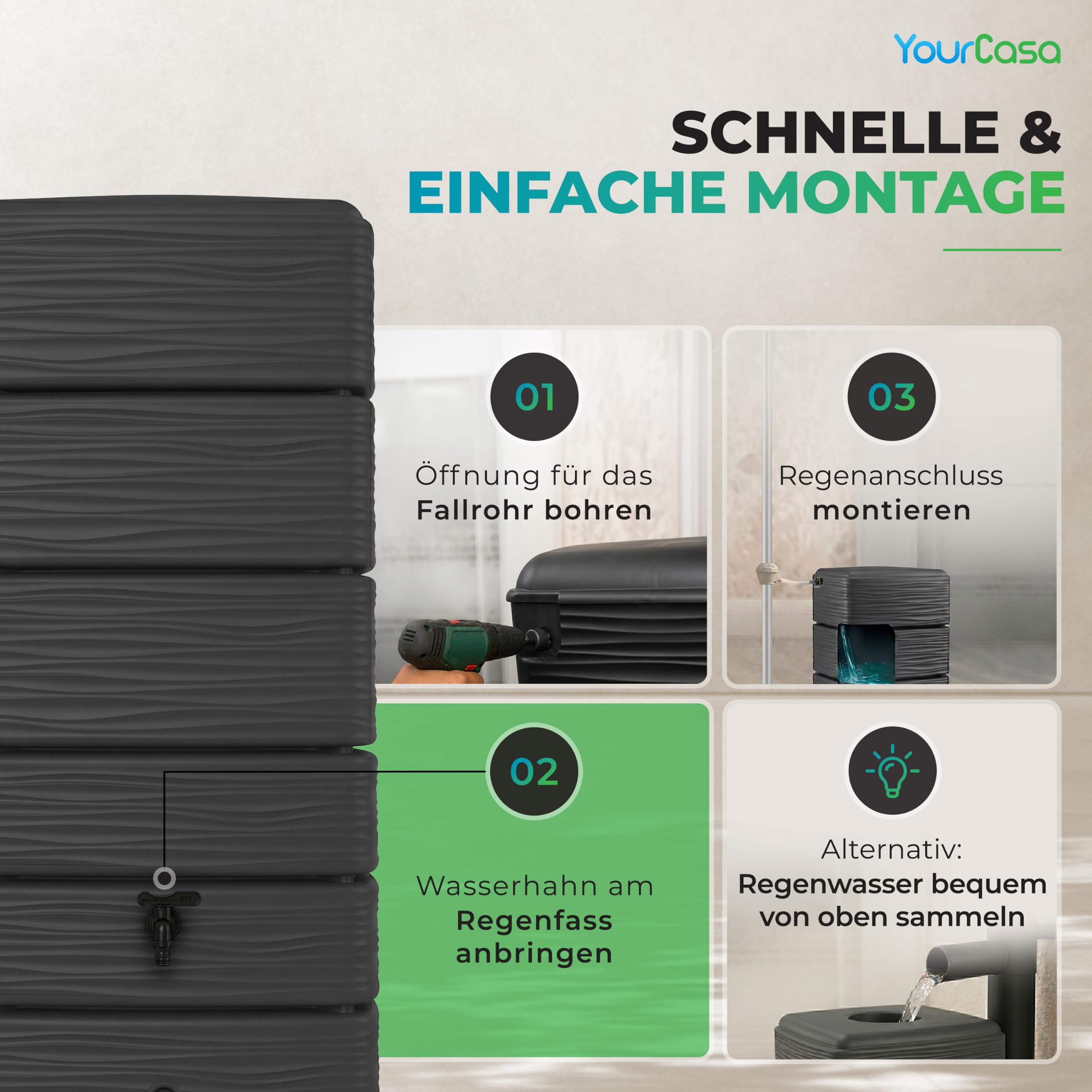 YourCasa AquaWall Regentonne 300 Liter Anthrazit – Schlanker Wandtank mit Regensammler Set, Regenwassertonne schmal & platzsparend 60x40x137cm, UV-beständig, Wasserhahn, Regenwasserbehälter für Garten