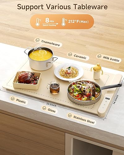 Miniatura 4 de Tapete de calentamiento para alimentos, calentador de alimentos esenciales para el hogar, 6 ajustes de temperatura y temporizador, calentamiento