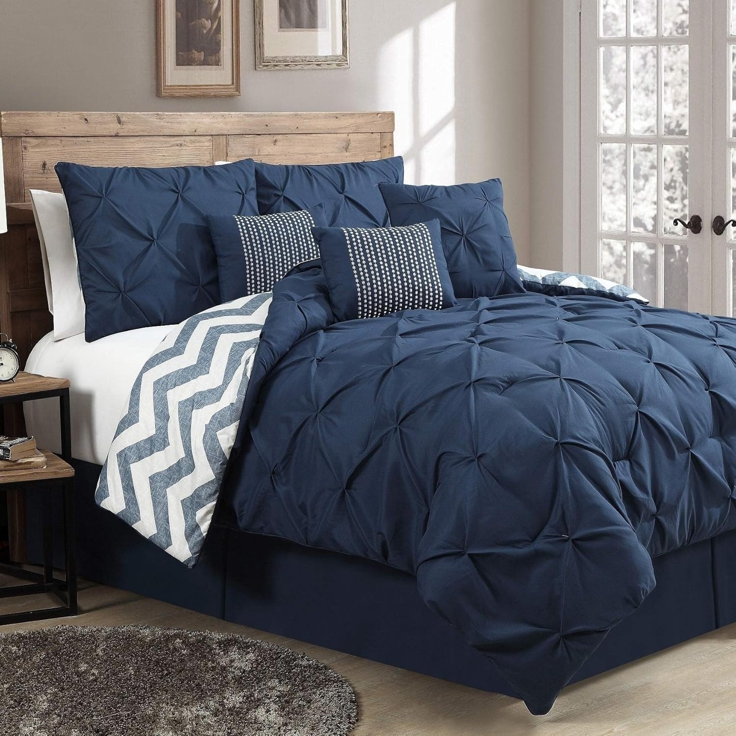 Avondale Manor 7-Piece Ella Pinch Pleat Comforter Bed Set with 3 Decorative Pillows, Reversible Queen Bedding, Ultra-Soft Microfiber Comfortable Bedding Set, Hypoallergenic Bedspread, Queen Spa Blue