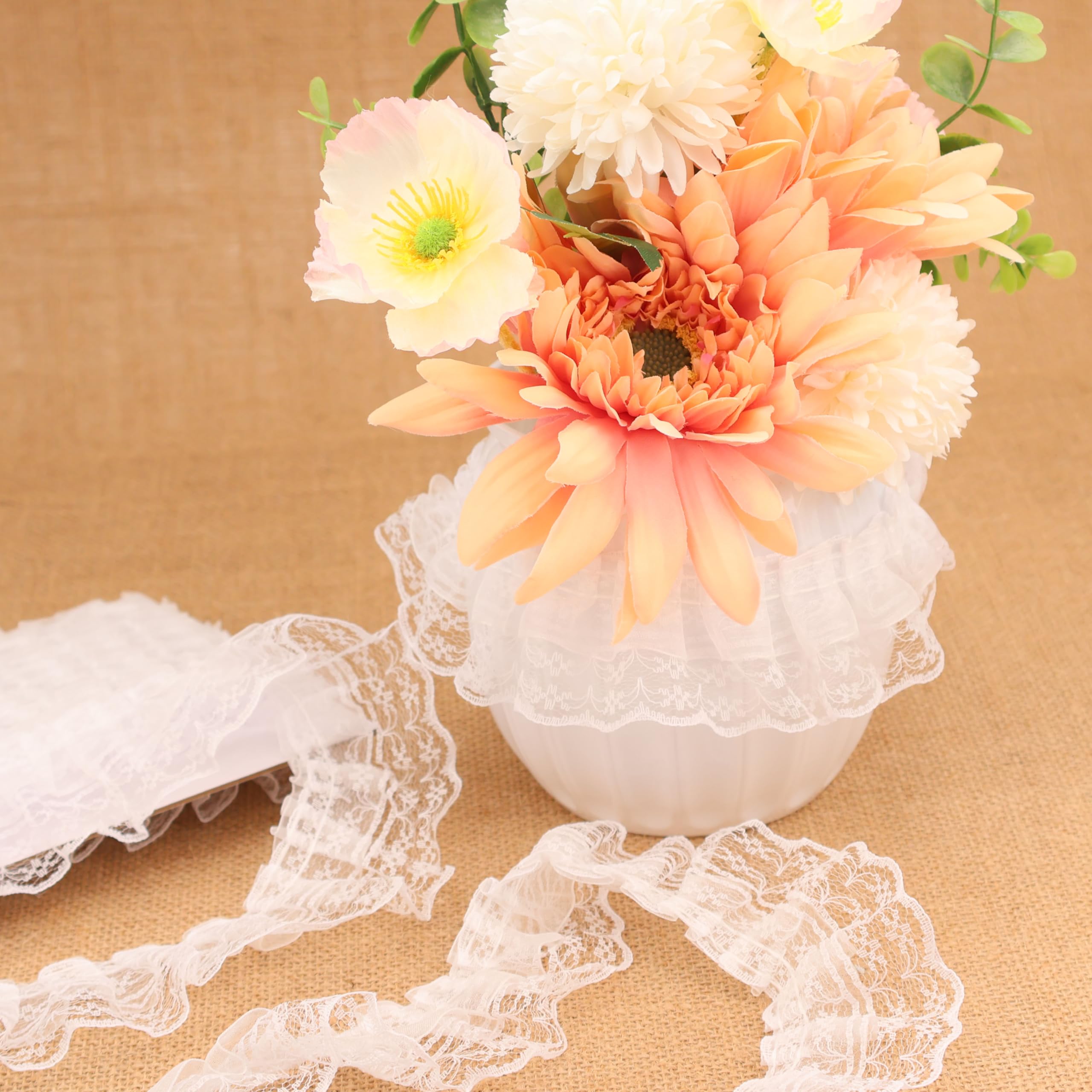 White Lace Ruffle Trim for Crafts 1-5/8"x5yd 2-Layer Pleated Edge Lace Ribbon